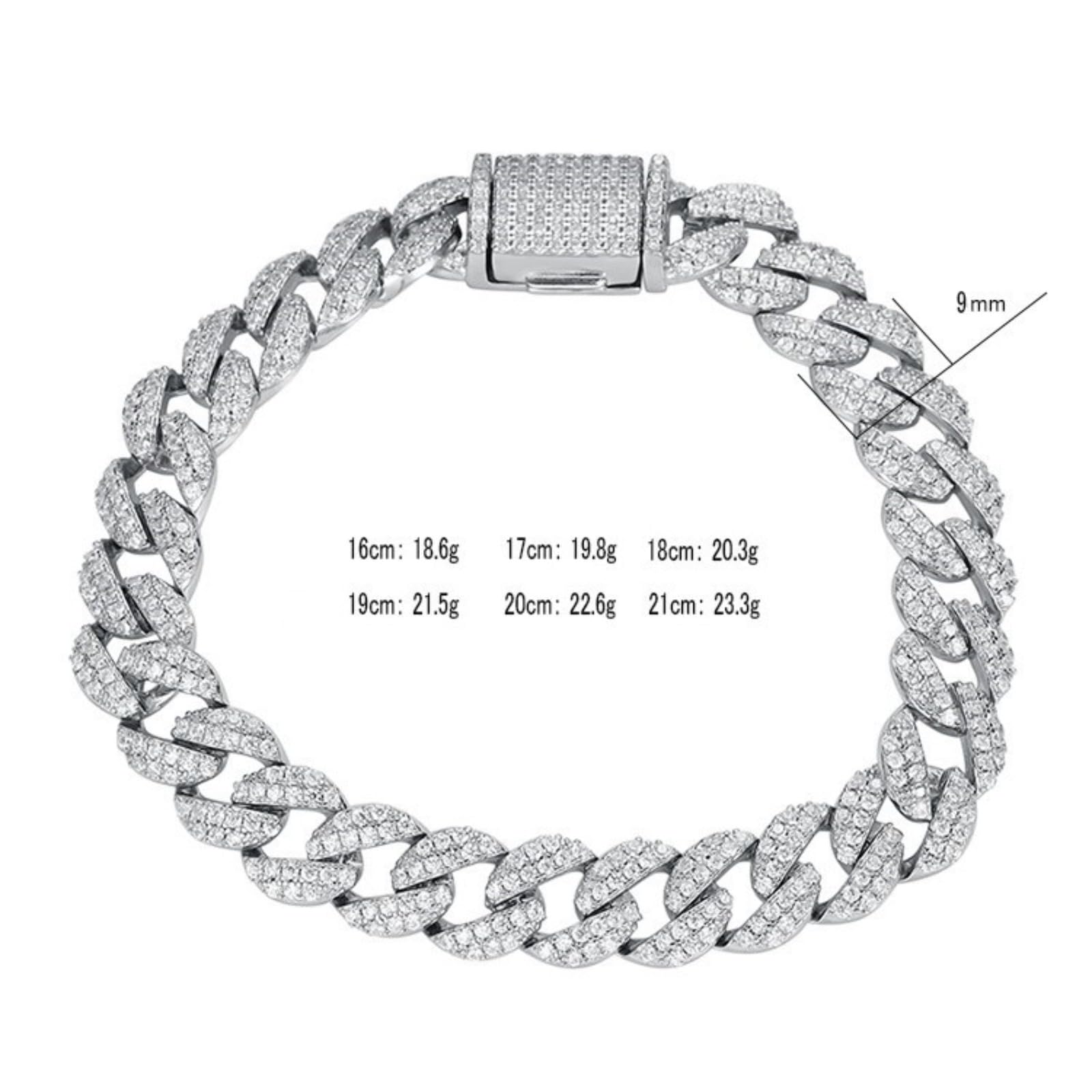 Pulsera de cadena cubana hipoalergénica de 9 mm para hombre, de plata de ley 925 gruesa, transparente, circonita cúbica 5A+, joyería de eslabones gruesos para hombre, 16-21 cm