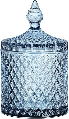 Sizikato Tarro de cristal facetado de diamante con tapa, tarro decorativo azul de 18 onzas, tarro de nuez, frasco de almacenamiento de frutas secas.