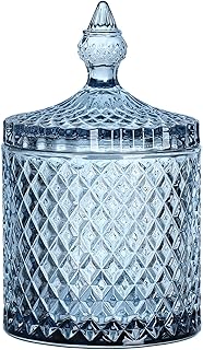 Sizikato Diamond Faceted Crystal Glass Candy Jar with Lid, 18oz Blue Dec...