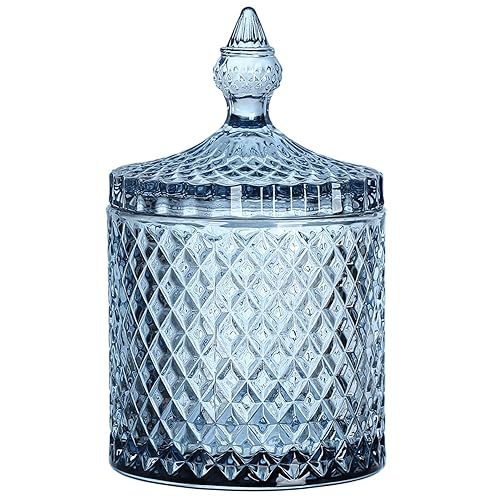 Sizikato Diamond Faceted Crystal Glass Candy Jar with Lid, 18oz Blue Decorative Jar, Nut Jar, Dried Fruit Storage Jar.