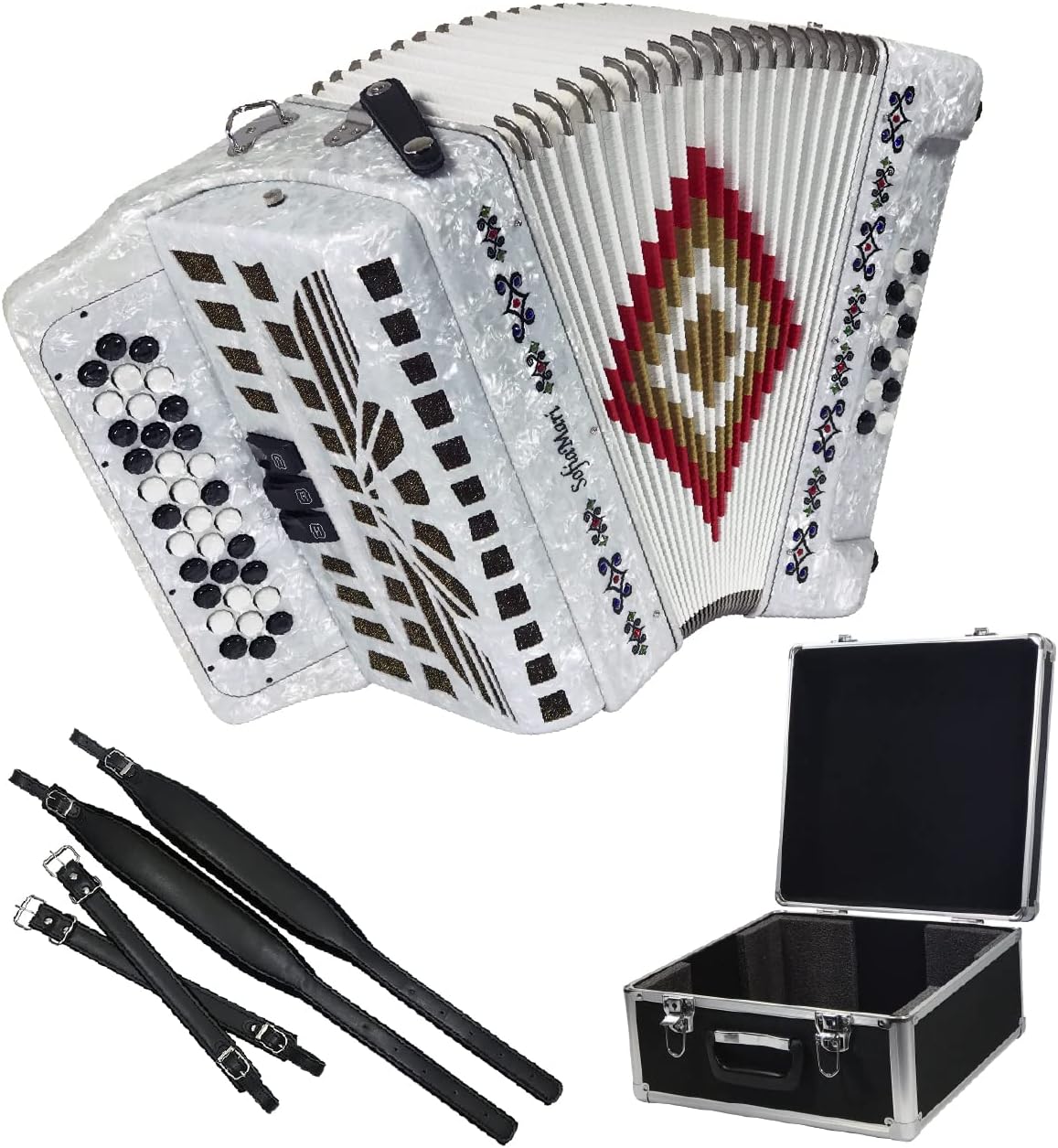 NSM3412 Accordion Package: 34 Button, 12 Bass, 3 Switch Accordion with Case and Straps (Fa/FBE, White Pearl)