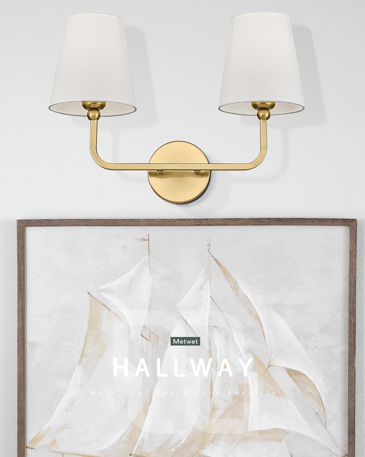 2 Light Bathroom Vanity Light, Brushed Gold Double Wall Sconce with Flared White Fabric Shade, Modern Sconces Wall Lighting for Hallway Bedroom Stairway, VL837-BG