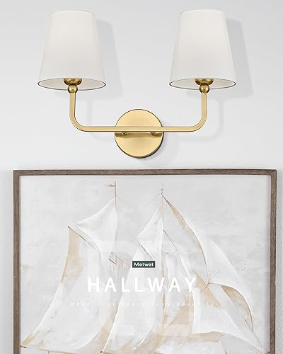 Miniatura 6 de VL837-BG - Lámpara de tocador de baño de 2 luces, aplique de doble pared dorado cepillado con pantalla de tela blanca acampanada, apliques modernos