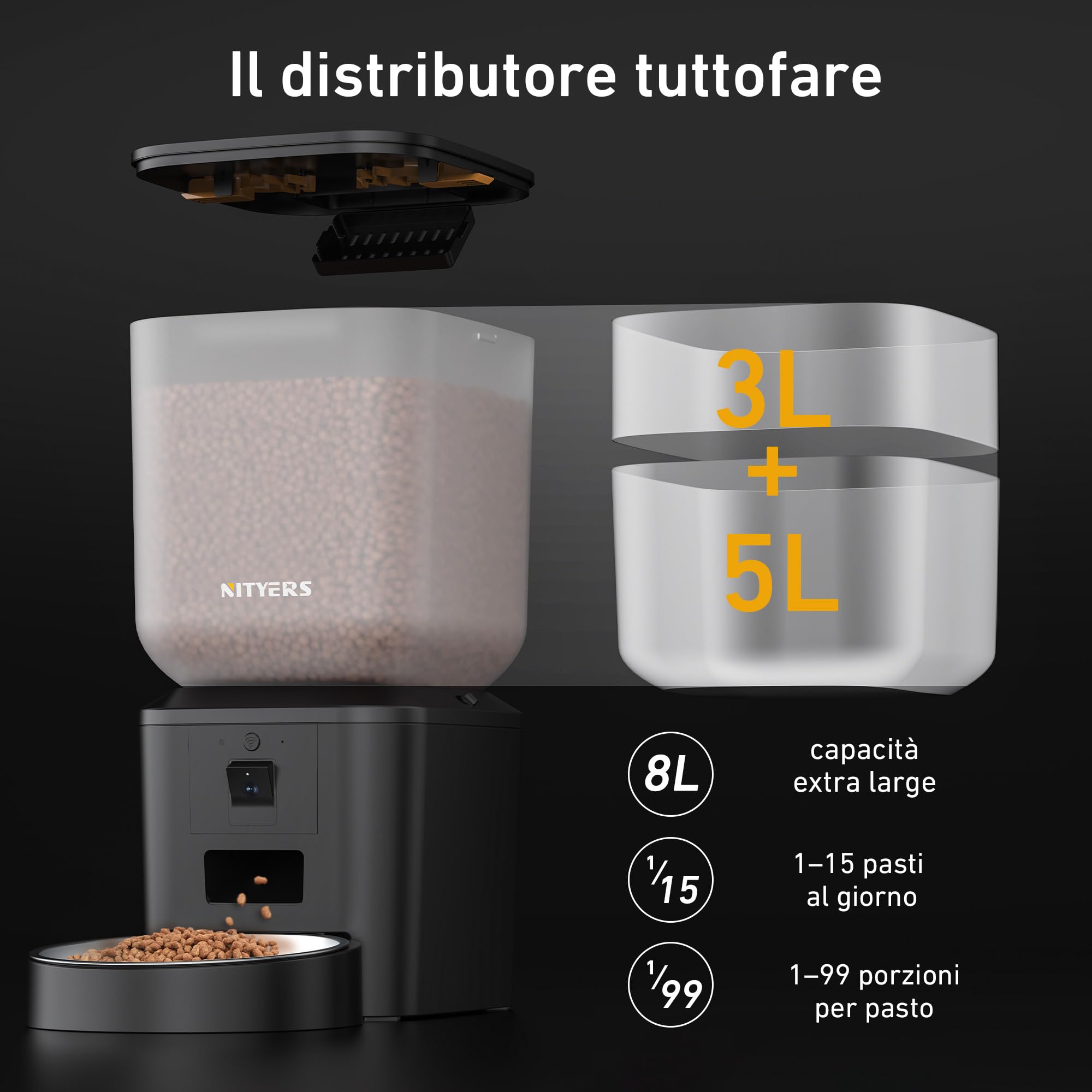 Nityers Distributore Automatico Cibo per Gatti e Cani con Telecamera 1080P e Visione Notturna, Audio Bidirezionale, WiFi 2.4/5GHz, Controllo APP, Ciotola Inox Grande