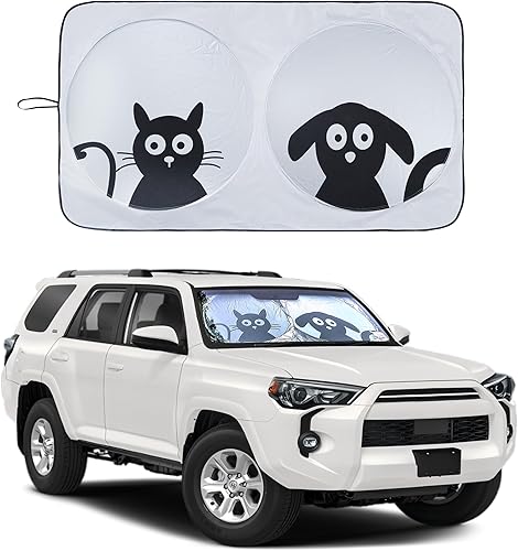 Vista 15 de IC ICLOVER Parasol para parabrisas de automóvil con diseño de mascotas, bonito diseño de dibujos animados, parasol solar plegable plateado para Big