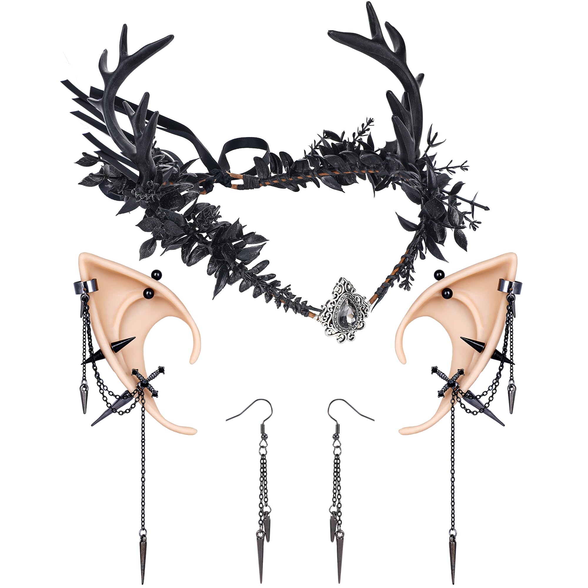 MOSTORY Gothic Renfaire Costume Women - Black Antler Crown and Elf Ears with Punk Dangle Piercings Set for Women Witch Fairy Crown and Elf Ears Set