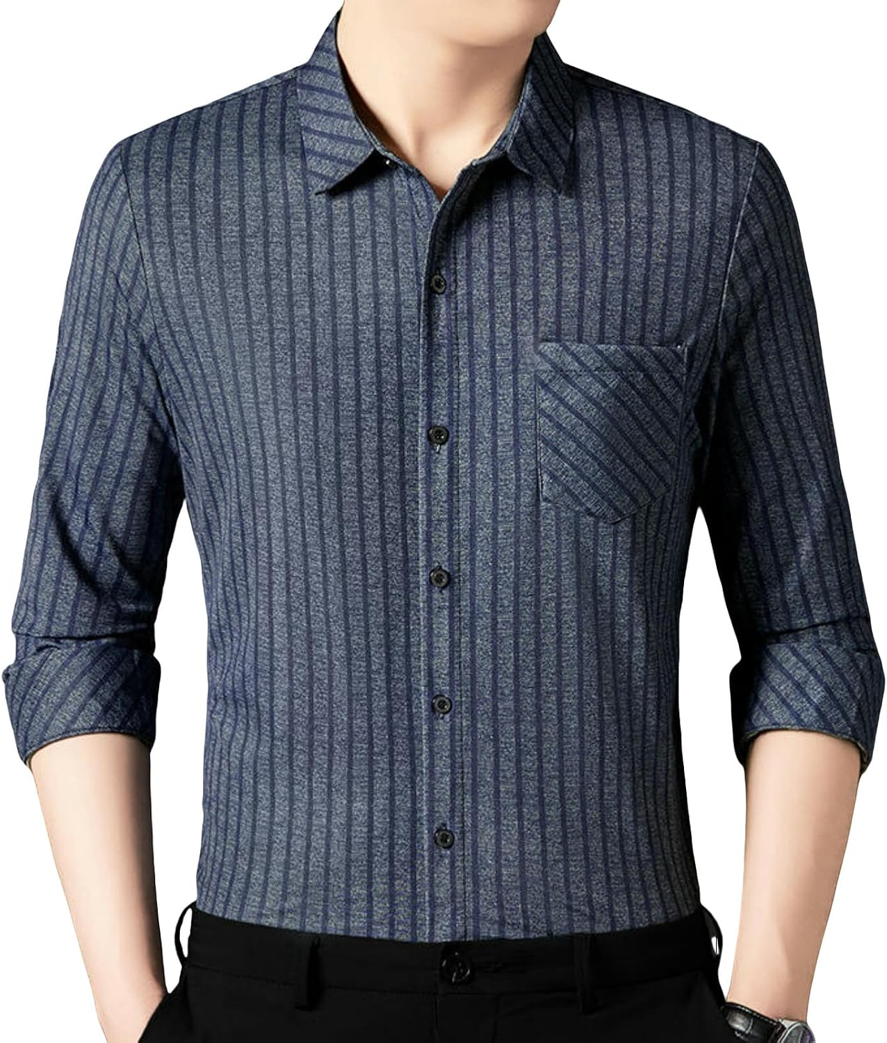 Men's Spring Middle-Aged Striped Lapel Long Sleeve Shirt