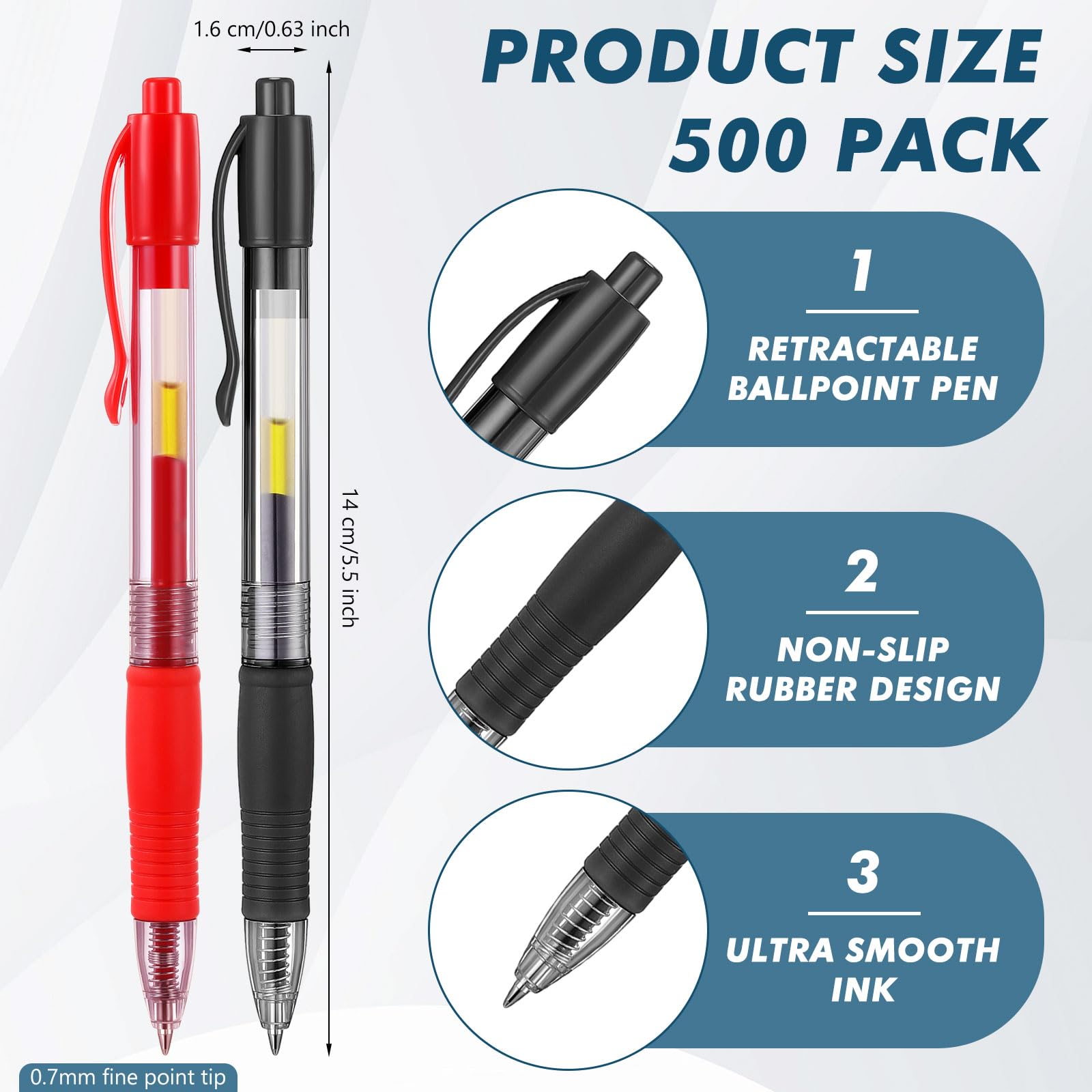Jetec Confezione da 500 penne a sfera in gel di alta qualità, punta fine 0,7 mm, retrattili, con inchiostro gel, per scrivere diari, prendere appunti, scuola e ufficio (nero, blu, rosso, verde, viola)