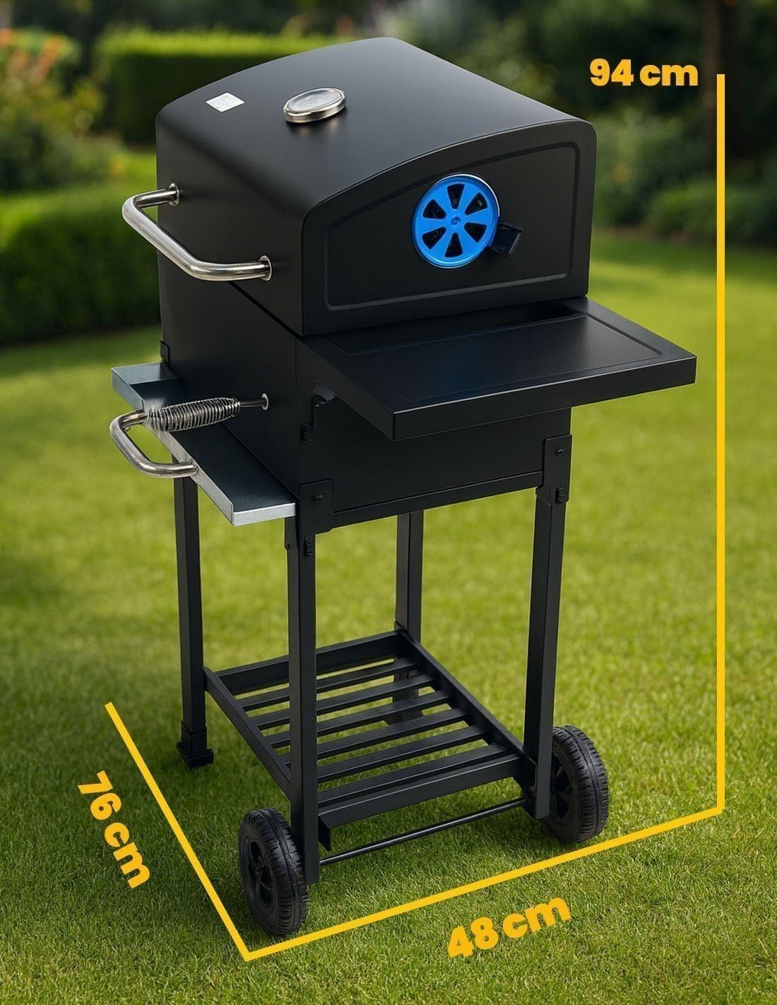 JARDIN202 - Barbacoa de Carbón con Tapa y Termómetro Kansas | Grill Ajustable con Parrilla Cromada y Calentador Superior| Ruedas Grandes | (Negro)