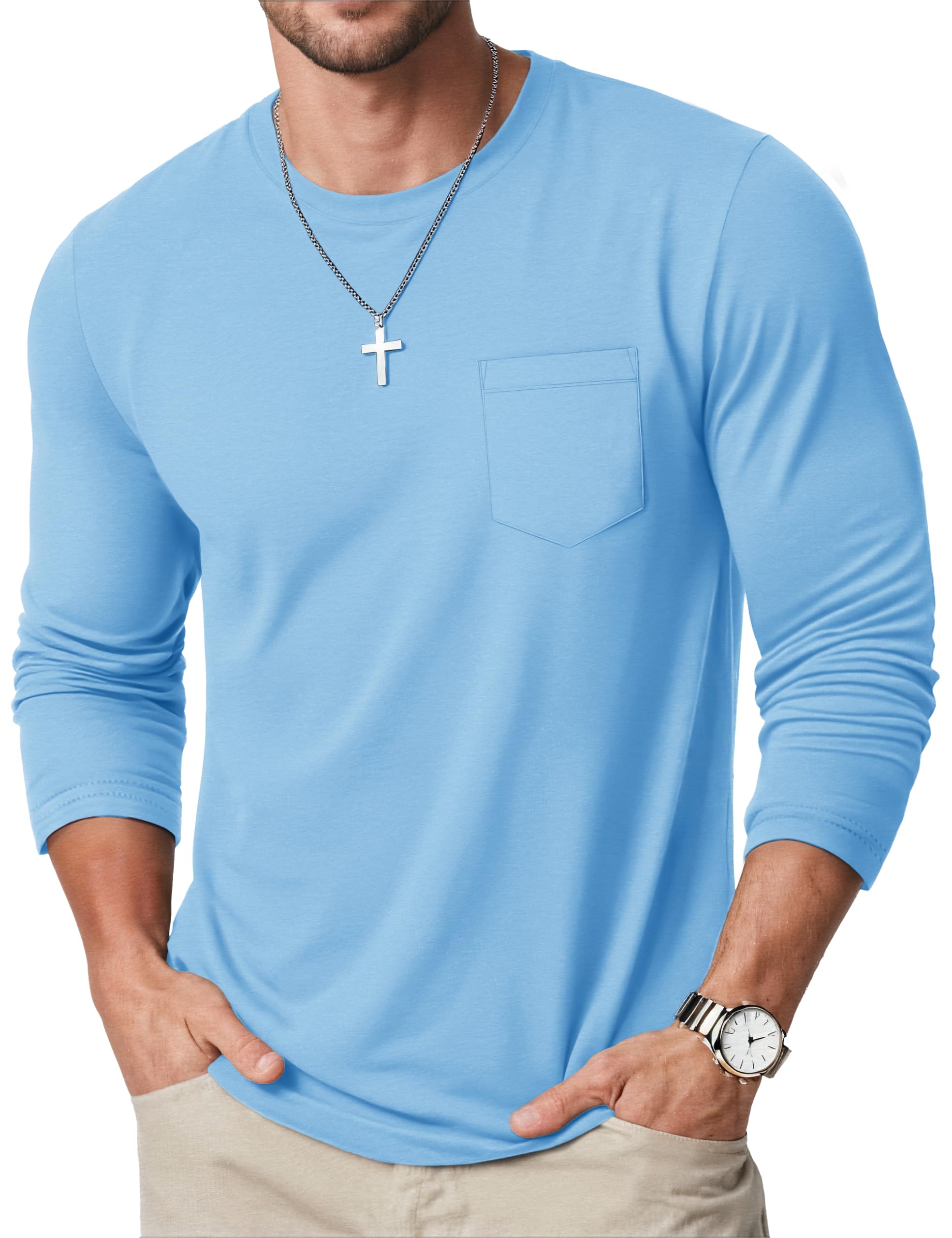 MAGCOMSEN Langarmshirt Herren Longsleeve Shirt Langarm Baumwolle Atmungsaktive Tshirt mit Tasche Freizeit Basic Rundhals