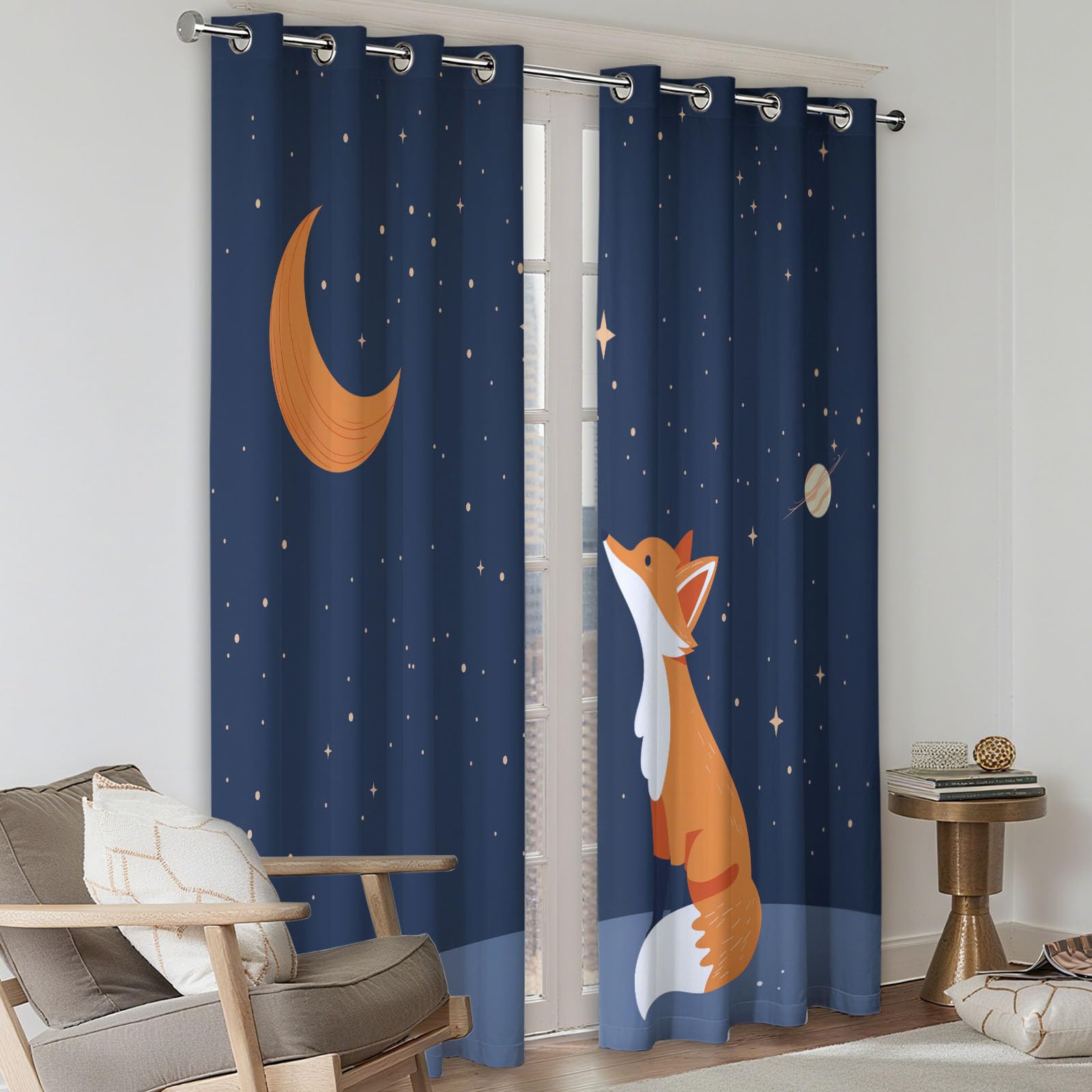 Blackout Vorhänge H166 x B150 cm Verdunkelung Vorhang mit Ösen, Cartoon Tier Fuchs Sterne Vorhang Dunkelblau Weich Polyester Vorhänge für Wohnzimmer Schlafzimmer und Kinderzimmer Dekorieren