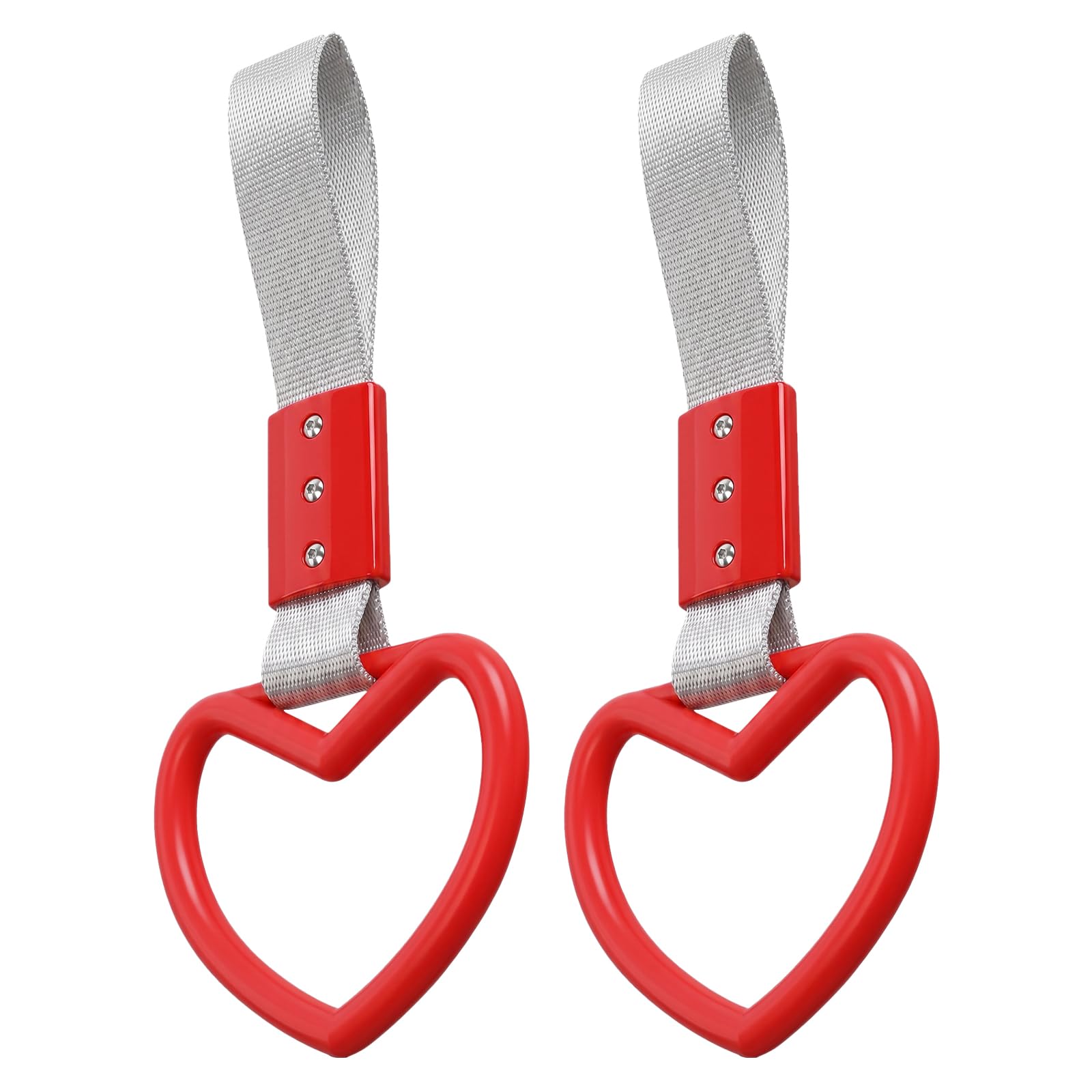 2PCS Heart Shaped Car Handle Straps, Rear Bumper Warning Keychain Ring for Car Exterior Accessories (Red-Silver)