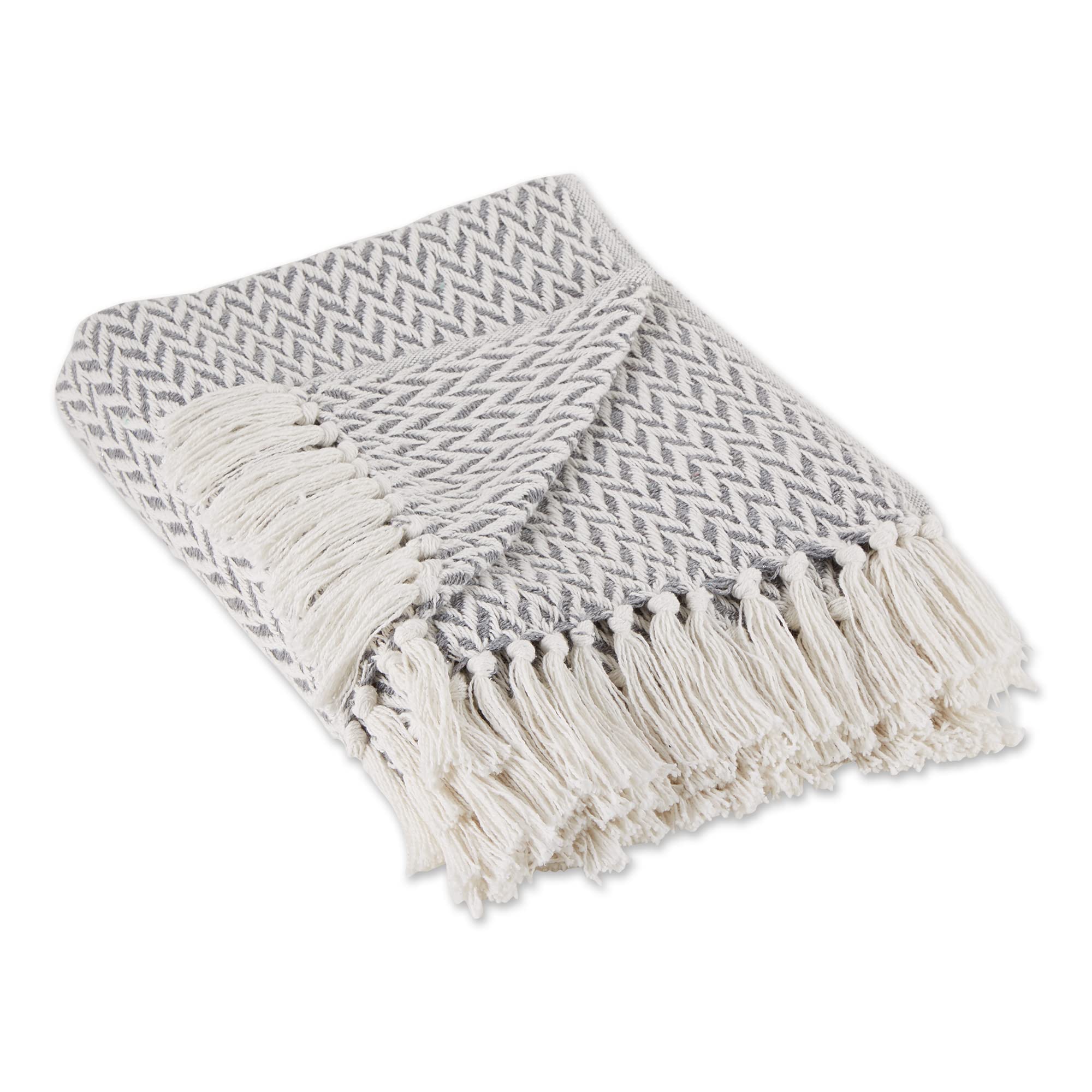 DII Modern Zig Zag Throw Blanket Woven Cotton, Hand-Knotted 2.5" Fringe, 50x60, Gray