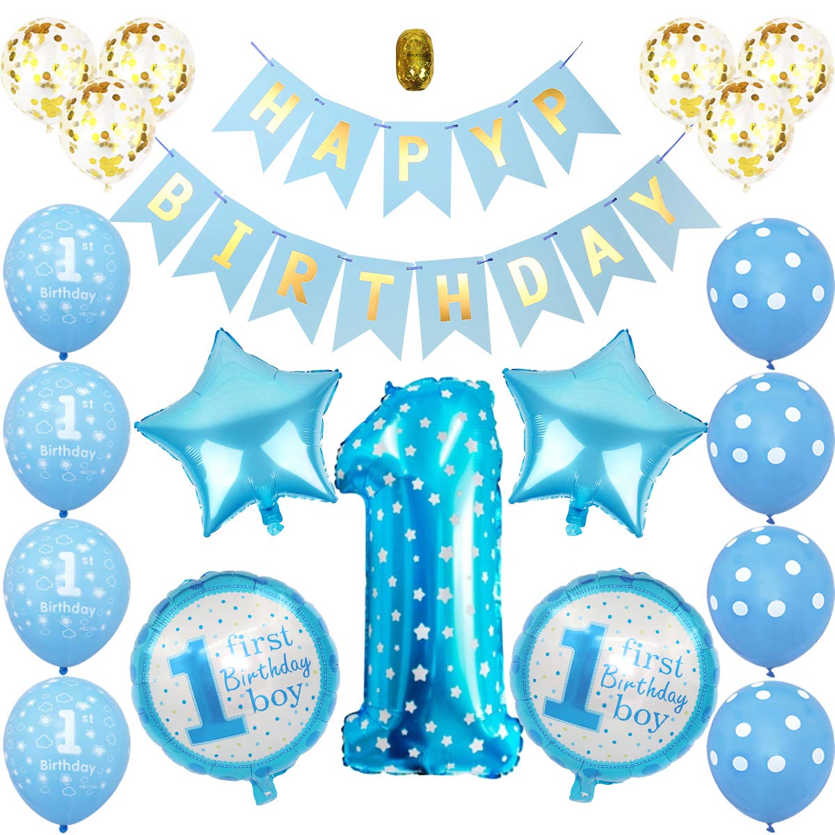 Decor Me First Birthday Party Decoration, Birthday Decoration set for Girl and Boys, Number 1 Balloon, Party supplies kit, confetti, latex balloons, Ribbons, decoration set boys . (Blue)