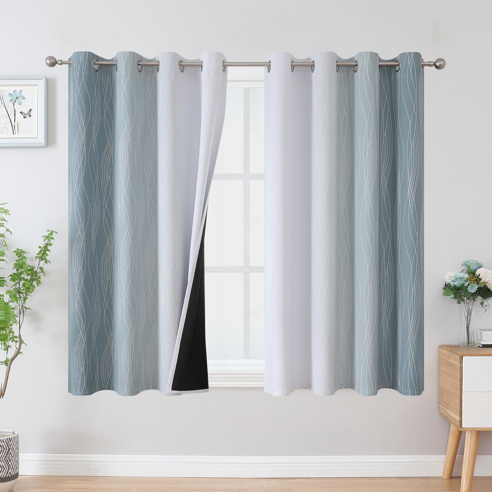 Estelar Textiler Stone Blue and Greyish White Blackout Curtains 54 Inch Length, Light Blocking Gradient Grommet Drapes for Living Room, Thermal Insulated Ombre Curtains for Bathroom,52Wx54L,2 Panels