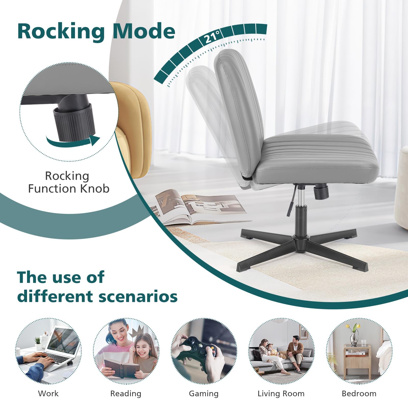 OLIXIS Criss Cross Leg Chair - PU Leather, Adjustable Height, 360 Swivel, No Wheels