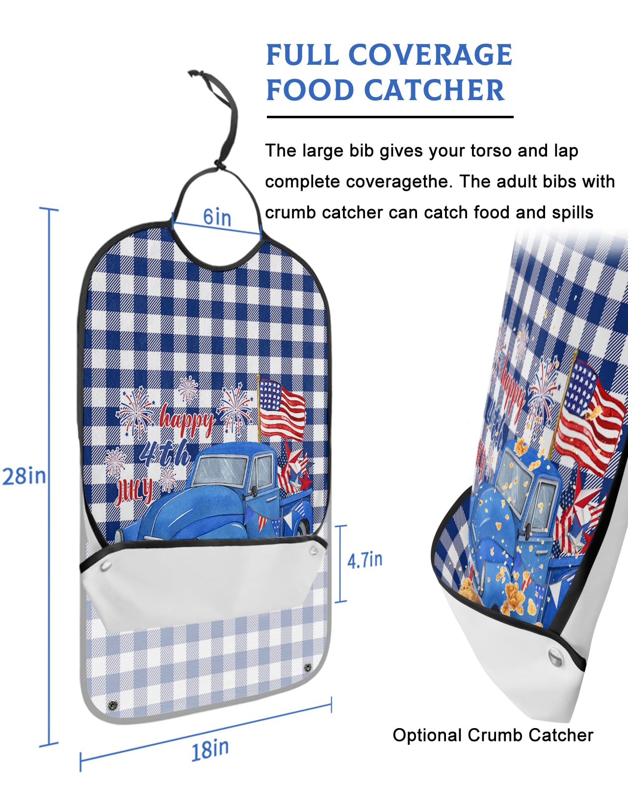 Kewadony Adult Bibs for Elderly Women - 4th of July Blue Truck Waterproof Dining Clothing Protectors with Crumb Catcher for Eating/Feeding, Vintage American Flag Star Blue Plaid Terry Cloth Bib