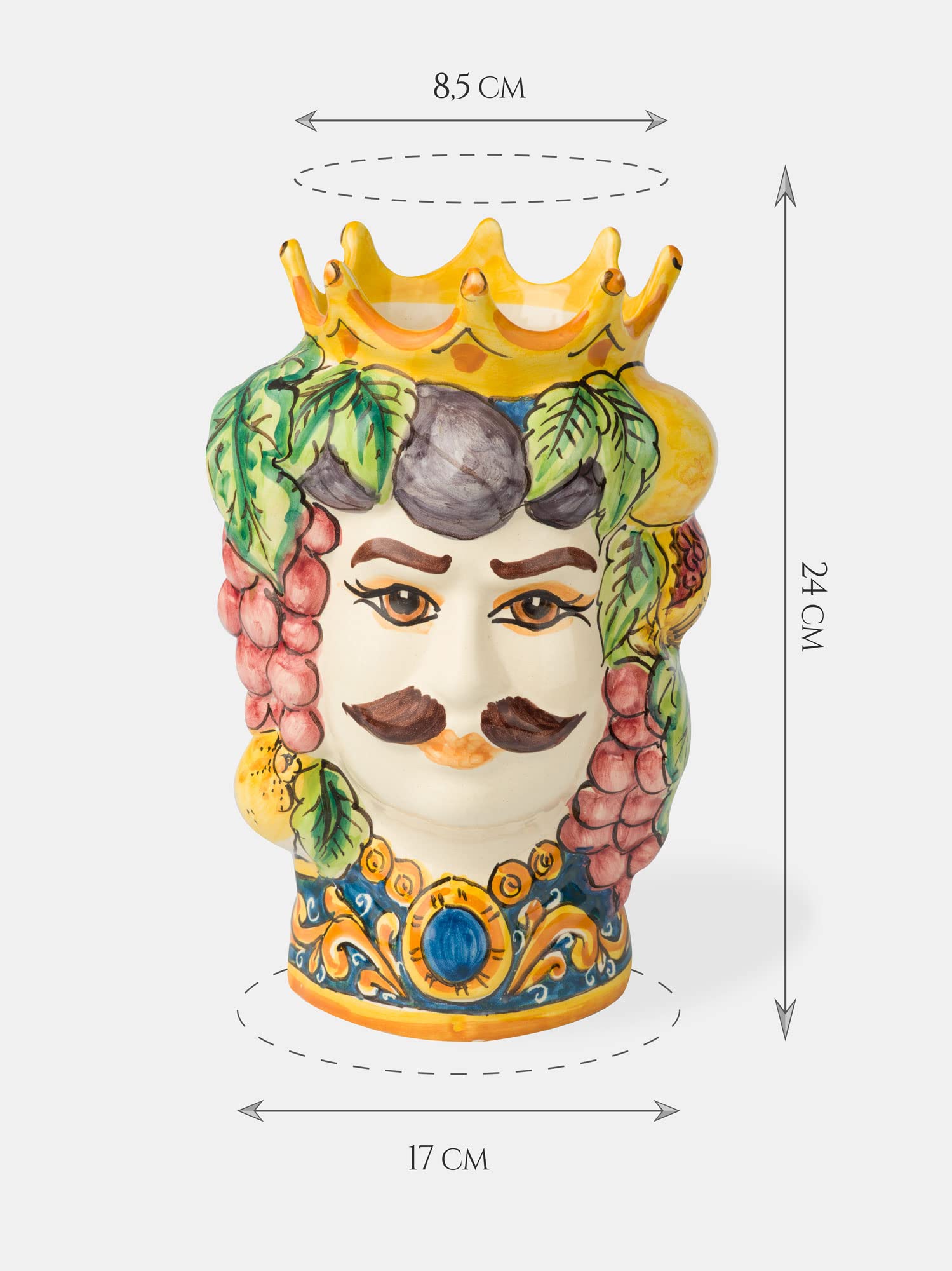 Terrecotte del Sole - Coppia Teste di Moro siciliane originali decoro frutta H 24 cm, realizzate e decorate a mano.