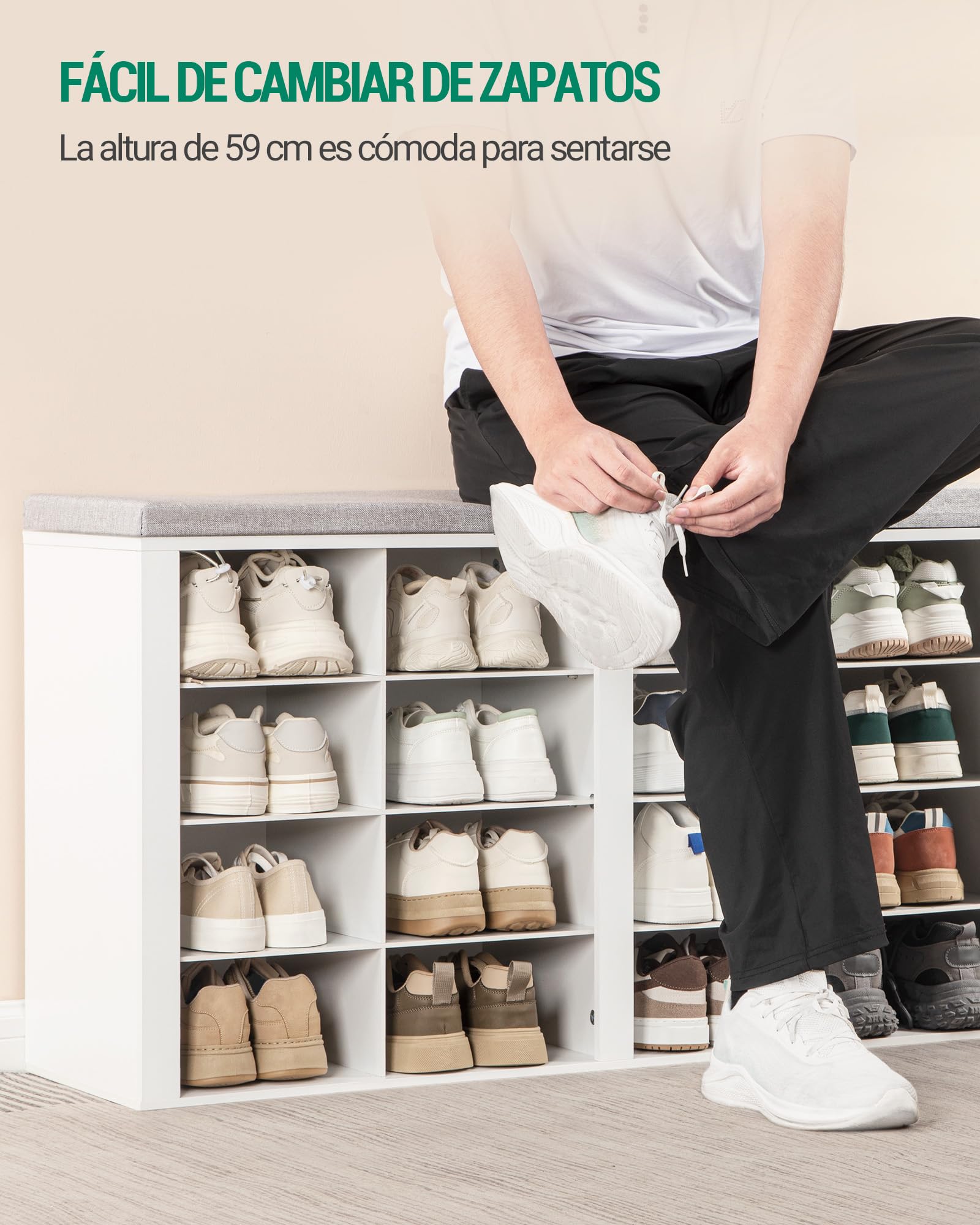 Hzuaneri Banco Zapatero con Acolchado, 16 Compartimentos, Blanco | Mueble Zapatero, 30 x 104 x 59 cm, para Salón, Pasillo, Dormitorio, SB25603GY