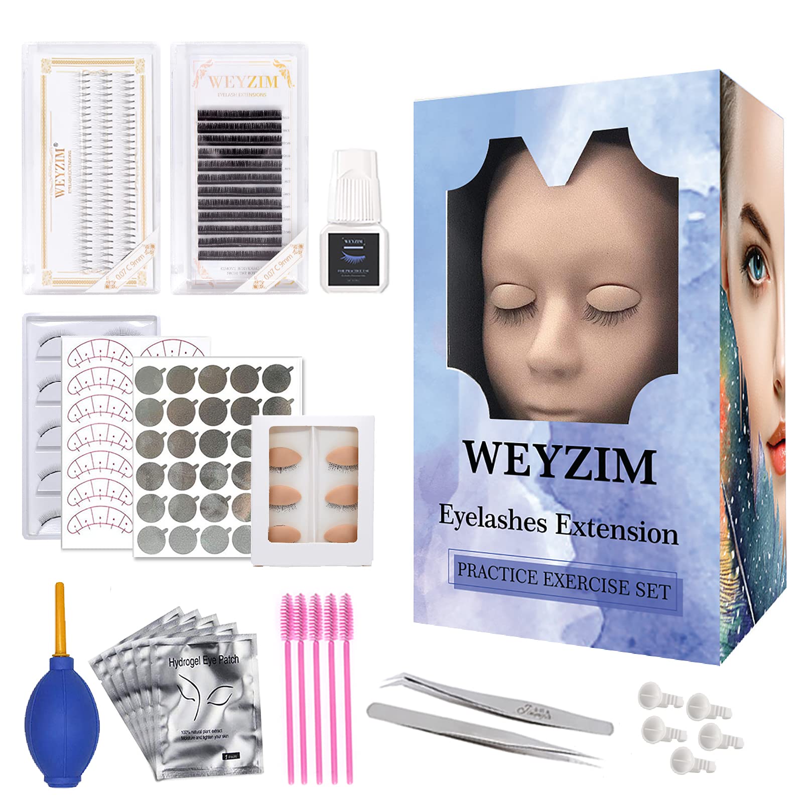 Eyelash Extension Kit ,Mannequin Head With Replaced Eyelids Silicone Training Set, Training Lash Extension Supplies , Include Individual Lashes Glue Tweezers and Training Lashes