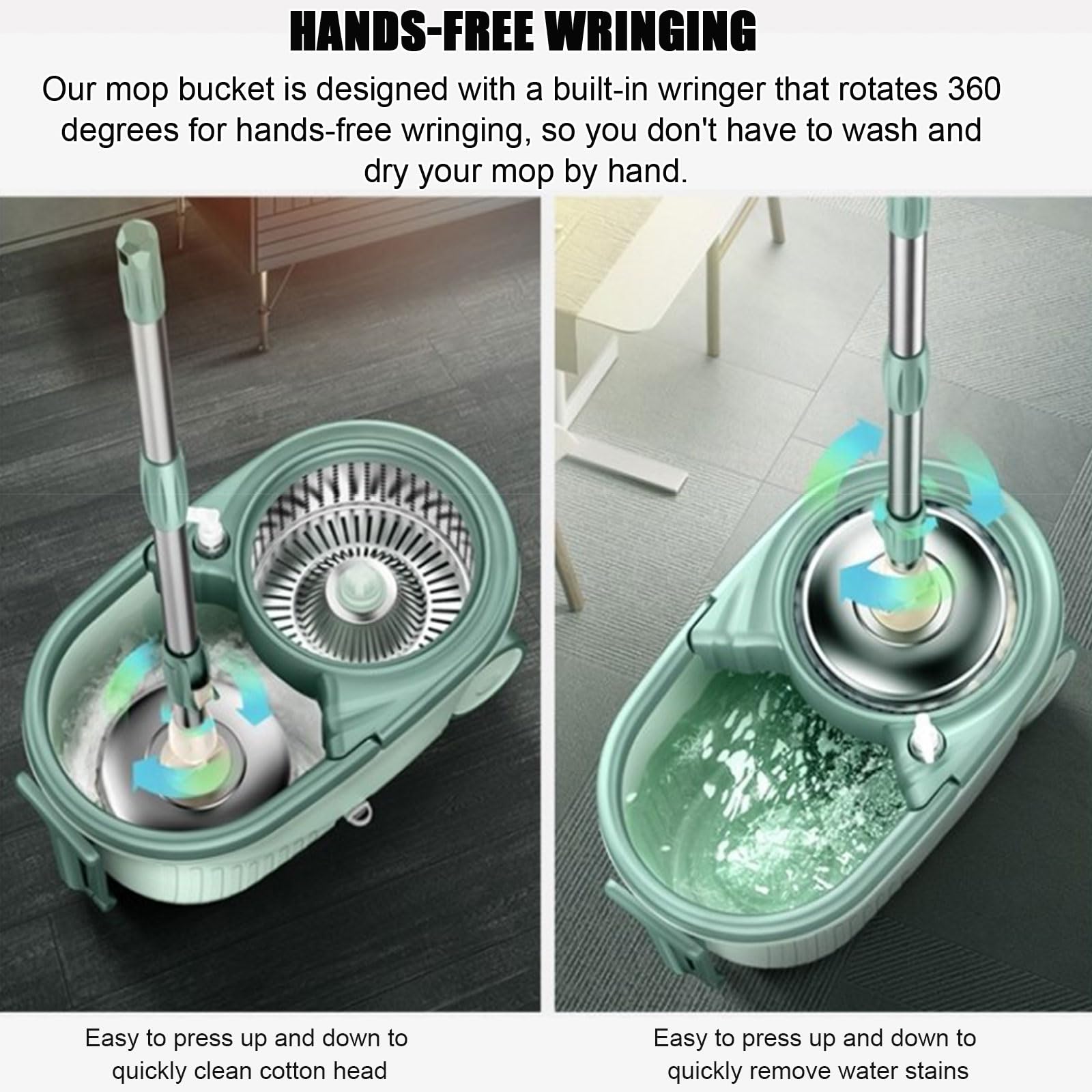 Cubo para fregona con Juego de escurridor, Mango extendido de Acero Inoxidable, 5 Almohadillas de fregona reemplazables. 2 Ruedas para Uso doméstico, Limpieza de Pisos, Madera Dura