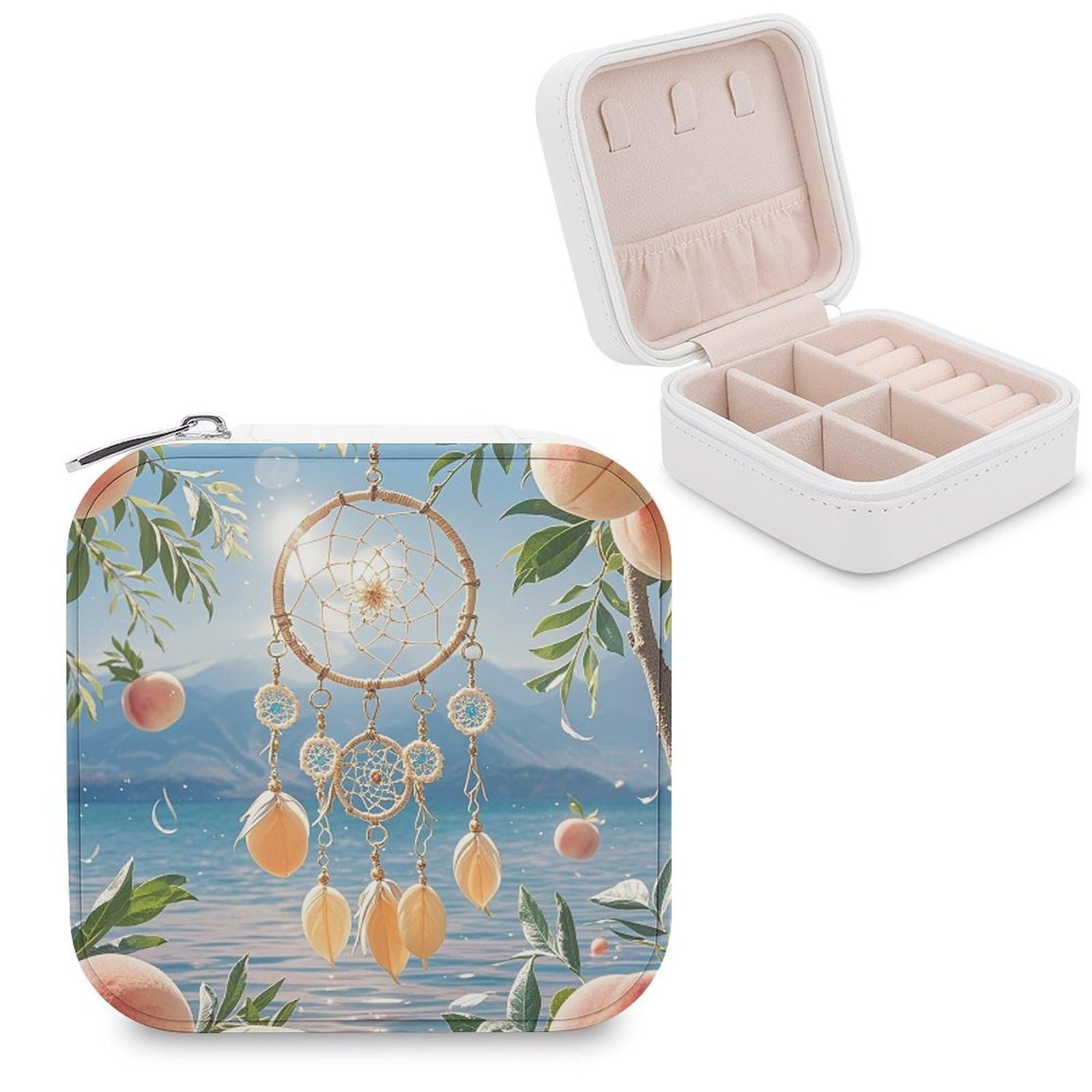 VstaDank Peach Dream Catcher Travel Jewelry Case Zipper Portable Small Jewelry Box Custom Pu Leather Mini Traveling Jewelry Organizer for Rings Earrings Necklace Bracelet Girls Women