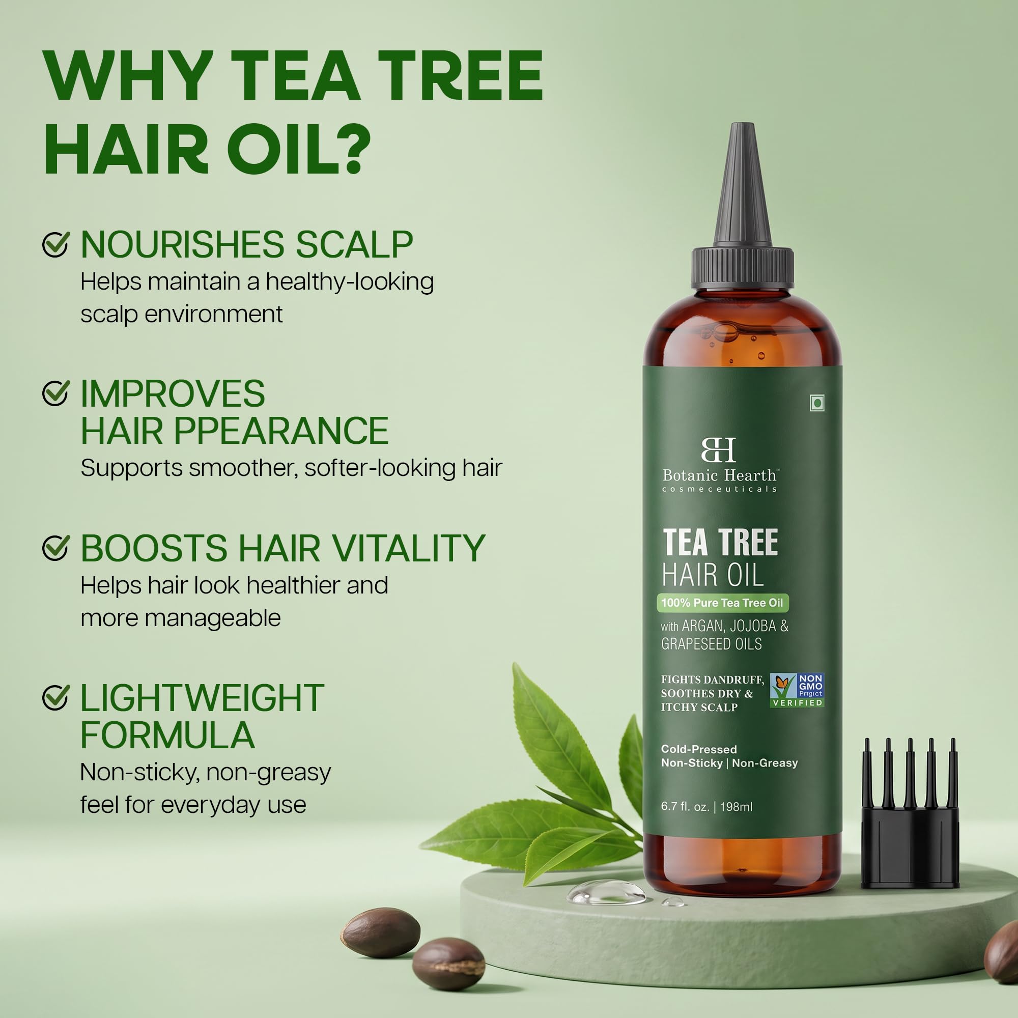 Botanic Hearth Tea Tree Oil for Hair | With Argan, Jojoba & Grapeseed Oils | Soothes Itchy Scalp & Fights Dandruff | Non OGM Verified | 6.7 fl oz