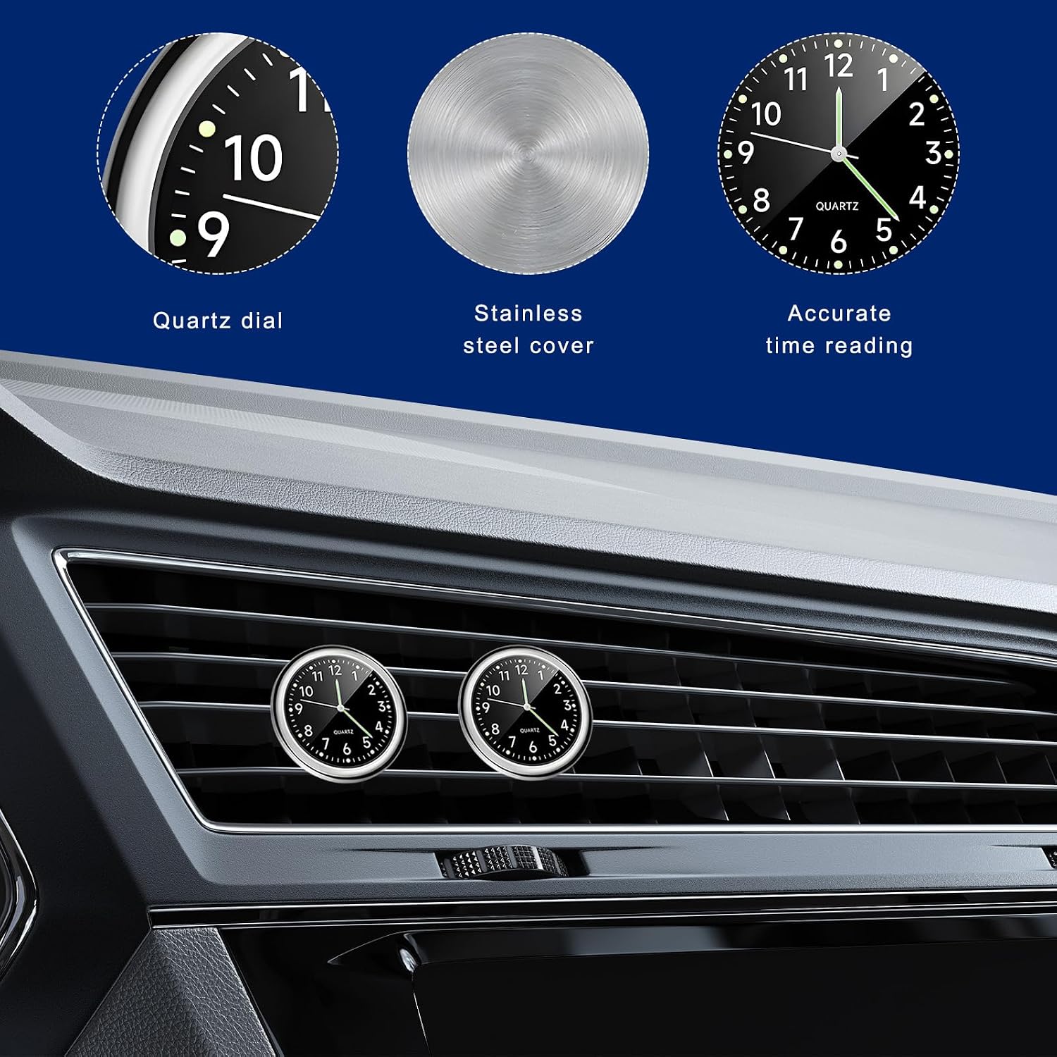2PCS Stick on Dashboard Car Clock, Mini Luminous Automotive Vent Clip Quartz Clocks, Alloy Waterproof Analog Clock Watch Universal for Car Boat Bike Home, Interior Car Accessories (Black+Black)