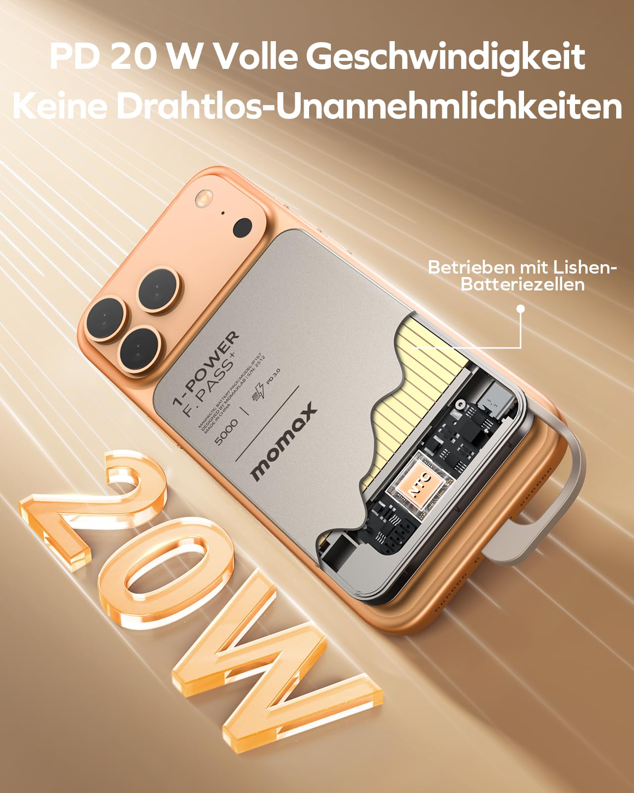 MOMAX 5000mAh Powerbank PD 20W Schnelladegerät- 0,8cm Ultraflache Powerbank mit integriertem Kabel für iPhone 15~17 Serie (Nicht drahtlos Aufladen)