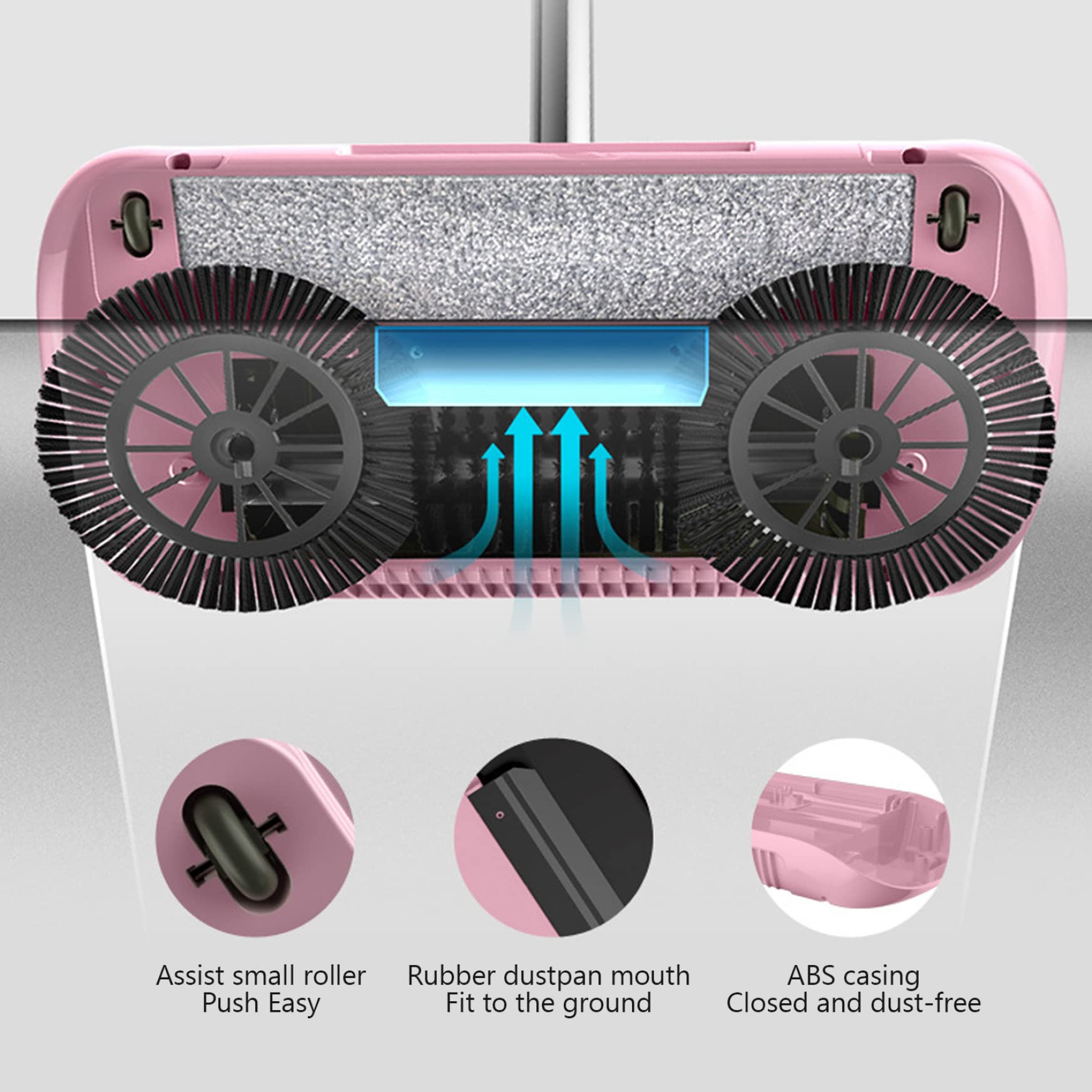 Obelunrp Sweeper à Vide Manuel Bleu - Balayeur De Plancher Non Électrique 180° 2 En 1 Pour Tapis Et Sols Durs
