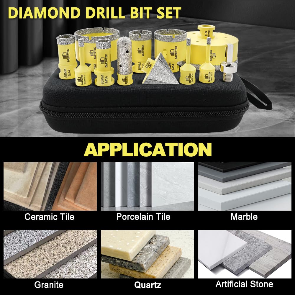 Diamond Drill Bits Set 12pcs, 9pcs 6/6/8/20/25/35/50/68/110mm M14 Hole Saw, 20mm Finger Milling Bit, 50mm Beveling Bit - Image 2