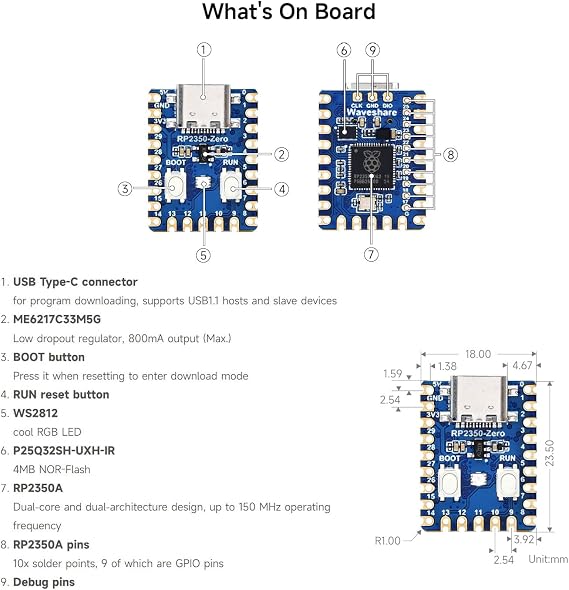 Waveshare 5PCS RP2350-Zero Mini Development Board, Raspberry Pi Microcontroller Development Board, Based On Raspberry Pi Dual-core & Dual-Architecture Microcontroller