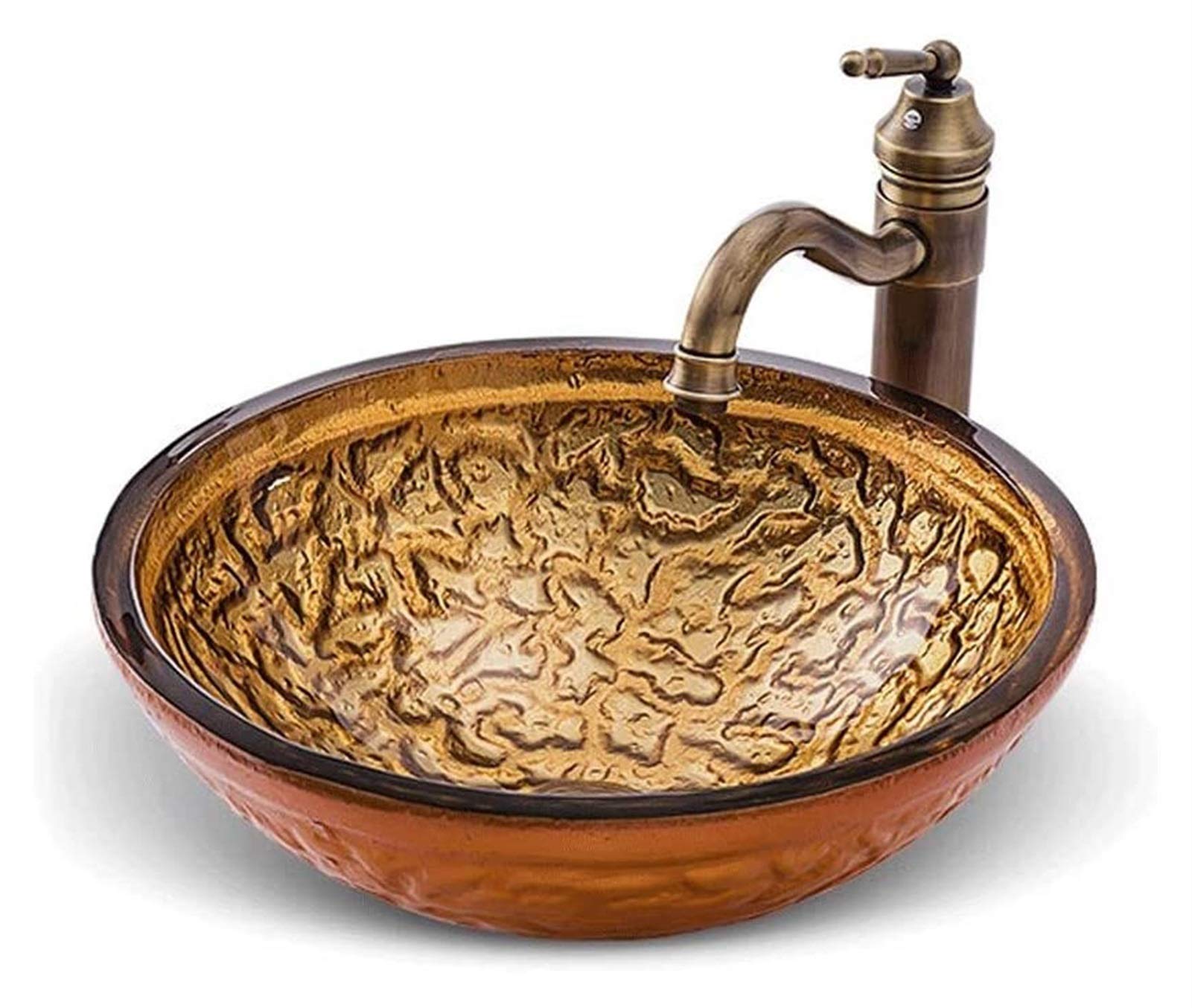 TIANQIHAO Vanity Unit With Basin,Bathroom Basin Vessels Sink Countertop Basin, Golden Wrinkled Foil Bathroom Vessel Sink Tempered Glass Above Counter Round Washing Basin Combo