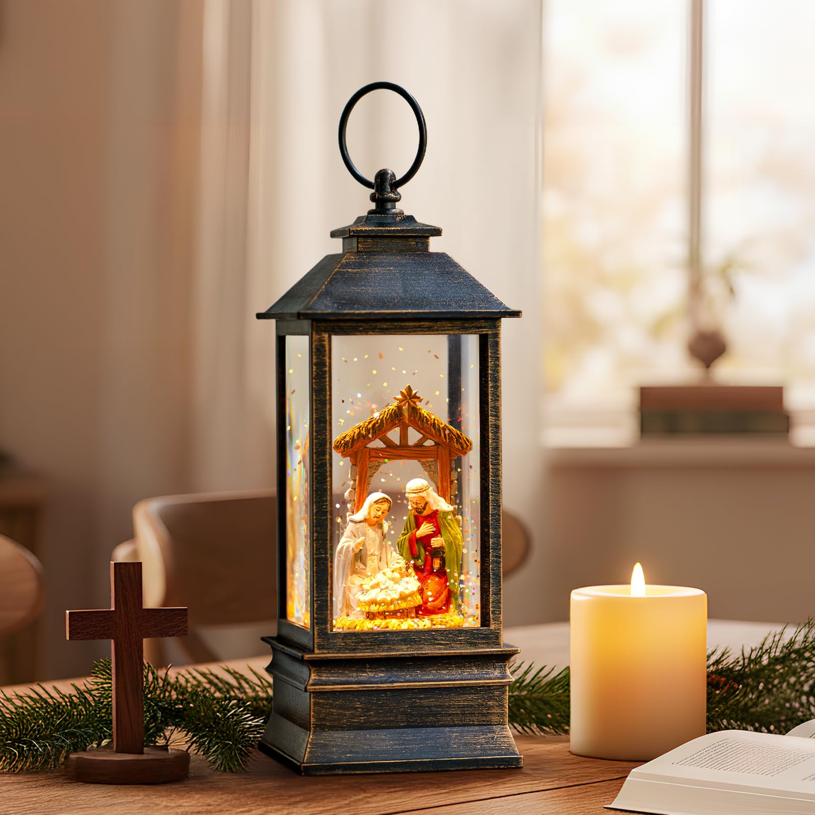 Linterna musical de globo de nieve de 10 pulgadas iluminada con escena de pesebre, farol de agua, remolino brillante, decoración del hogar y regalo, funciona con pilas o alimentado por USB