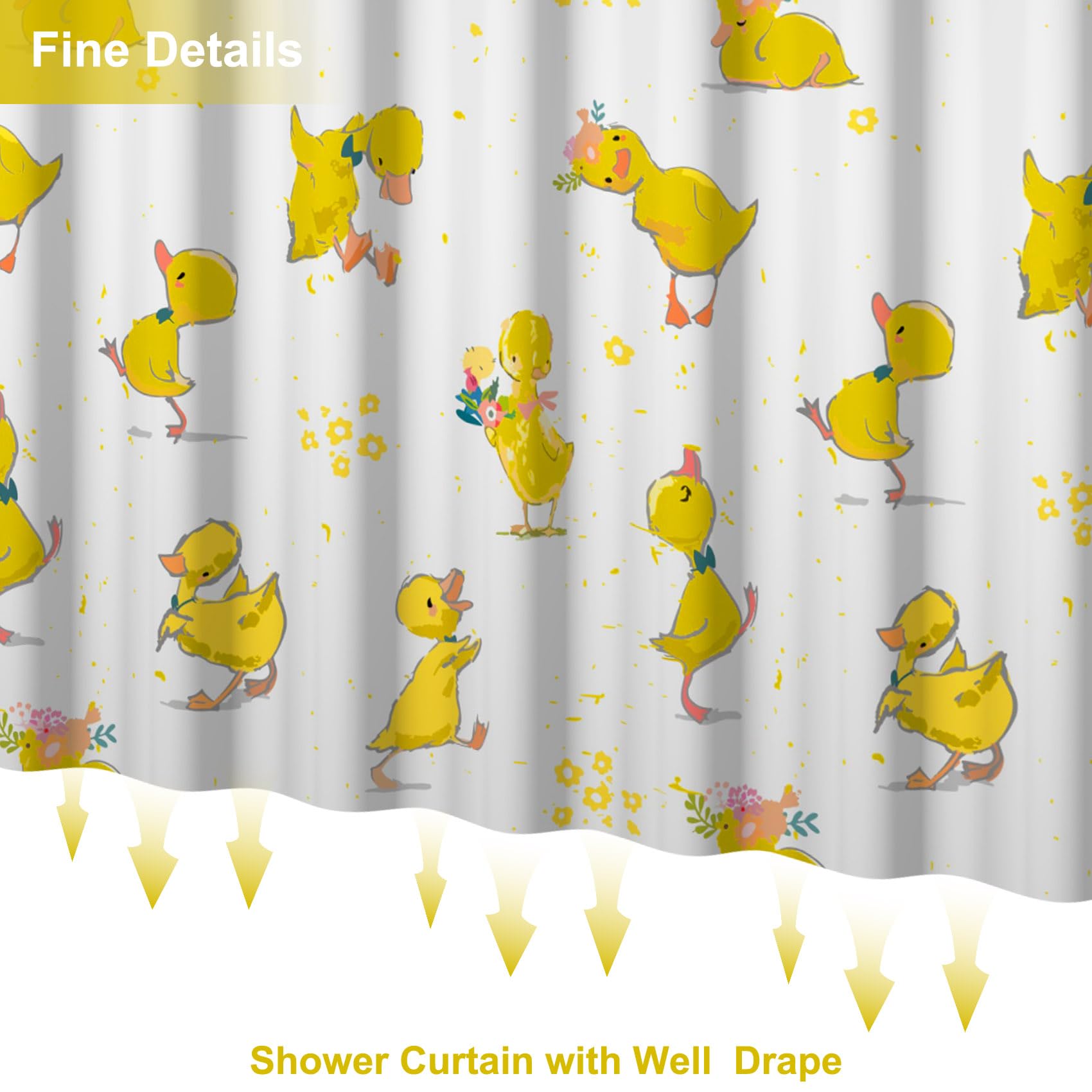 Giallo Anatra Tenda da Doccia con Gancio, Cartone Animato Carino Animale Anatra Pet Bagno Tenda Divertente Animale Giallo Fiore Bagno Tenda Impermeabile Vasca da Bagno Tenda 180x200cm
