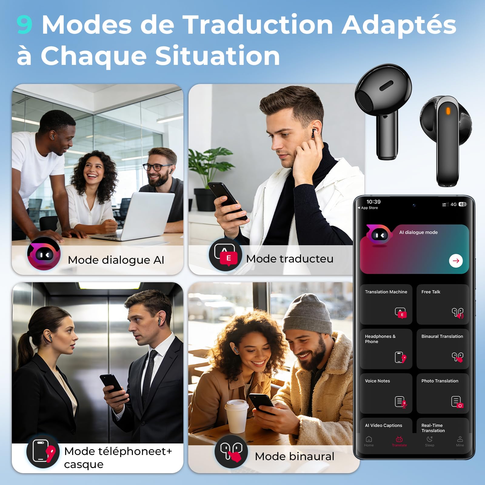 NE70 AI Écouteur Traducteur Instantané avec Écran LCD, 150 Langues et 9 Modes de Traduction, Traducteur Vocal Instantané en Direct Bluetooth 6.0, Oreillette Traduction Instantanée 60H pour Voyage