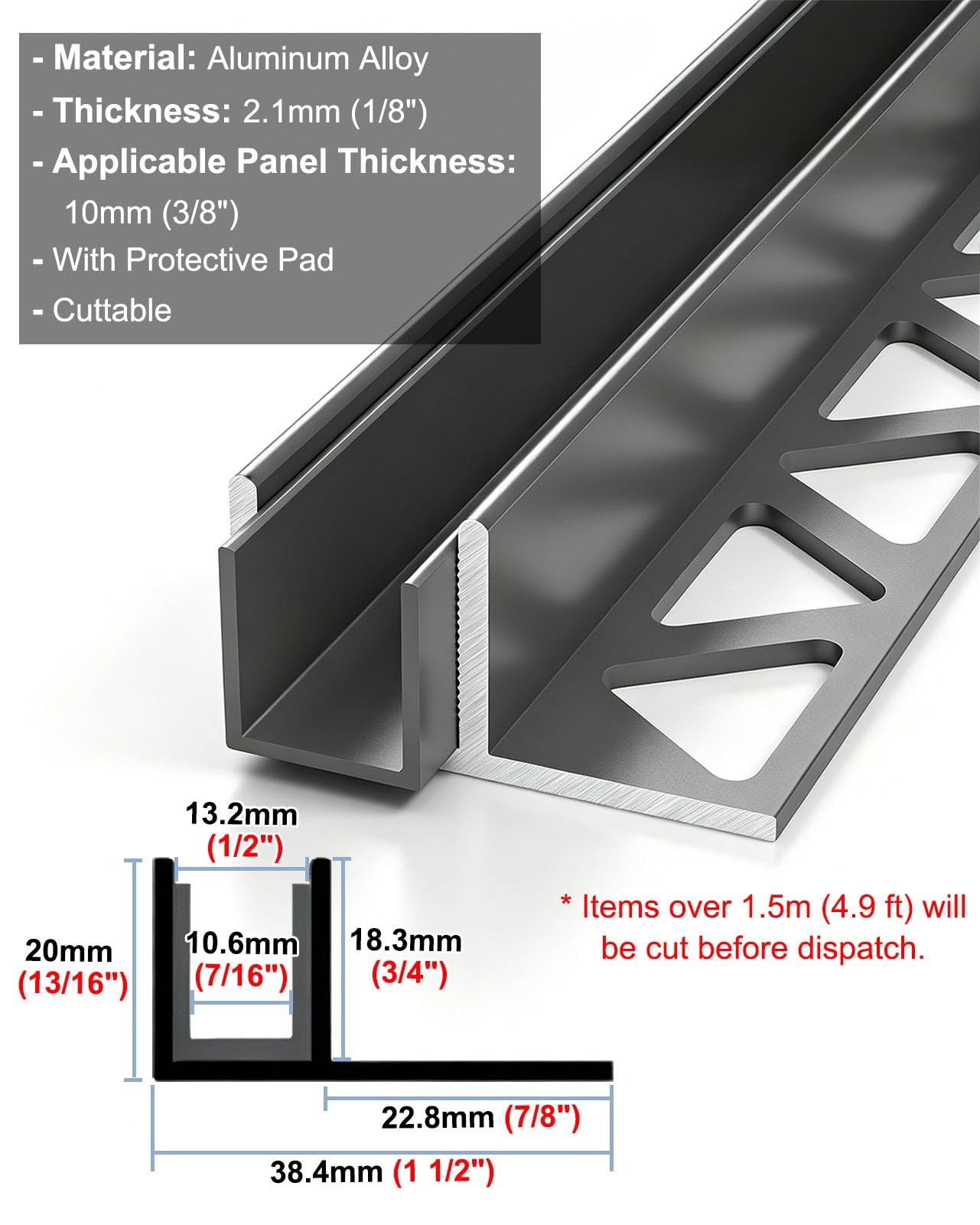 Profil Typu U do Szkła Aluminiowy Profil Typu F do Ścianek Szklanych | Dolny Profil Montażowy do Bezramowych Drzwi Prysznicowych Wpuszczany(Gray,L1.5m(4.9ft))