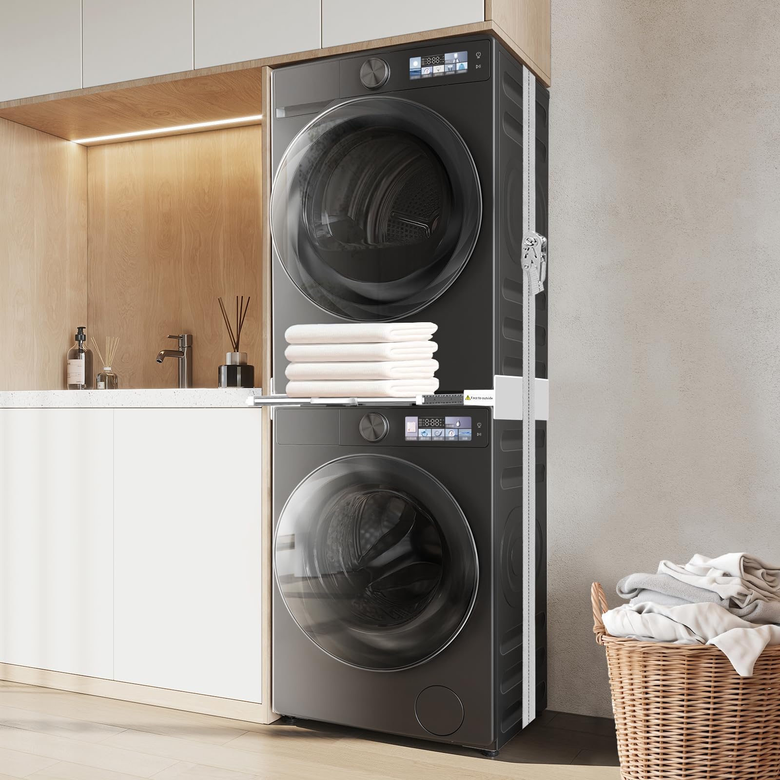 NIUXX Telaio intermedio con stendibiancheria, kit sovrapposizione lavatrice asciugatrice, kit telaio intermedio con portasciugamani estensibile, misura regolabile (53-68 cm) Bianco