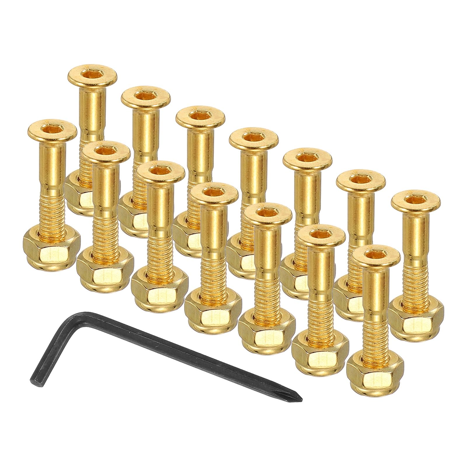 PATIKIL 13.5 Mm/ 0.5" Skateboard Hardware Kit, 16 Pcs Mounting Screws Bolts Nuts Set with Hex Key for Skateboard Cruiser, Gold