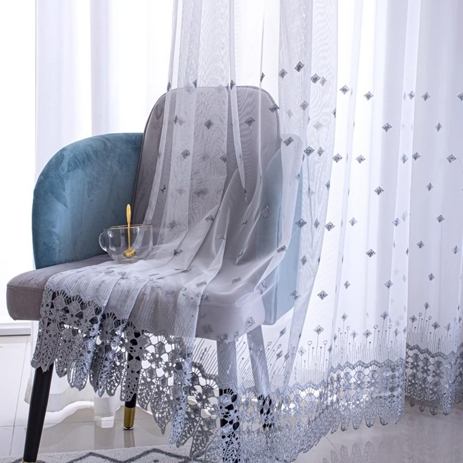 Rideaux Voile Transparent 102x244, Rideau Voilage pour Chambre Polycoton Fil Gris avec Dentelle Brodée, avec Crochet, Lot de 2