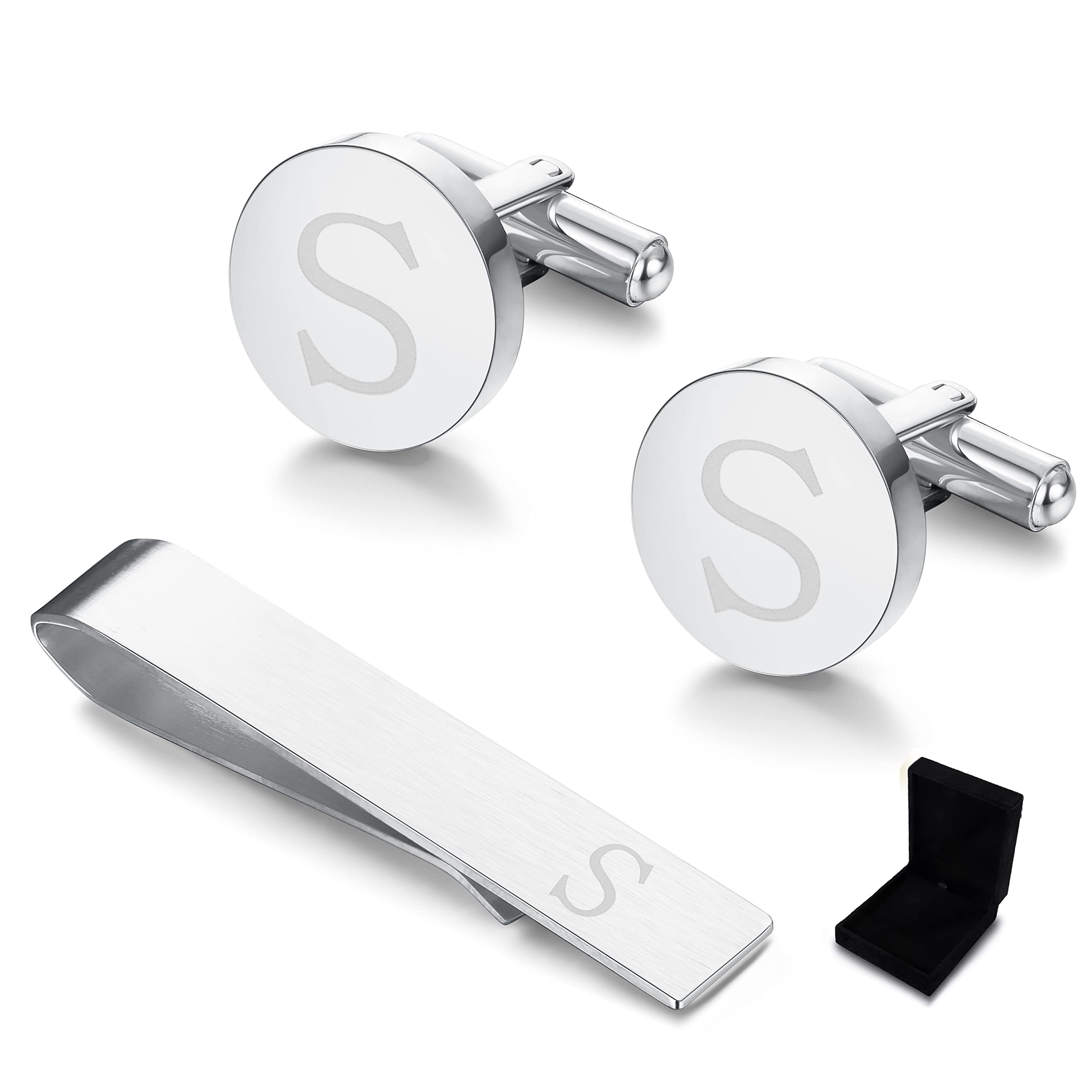 DiamdayInitial Cufflinks and Tie Clip Set for Men Personalized Stainless Steel Silver Gold Cuff links and Tie Bar Letter Alphabet A-Z Gift with Box for Wedding Groomsmen Husband Father