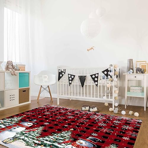 Miniatura 4 de Alfombra de área de muñeco de nieve de Navidad, árbol de Navidad, copos de nieve, rojo y negro, a cuadros, antideslizante, lavable, alfombra para