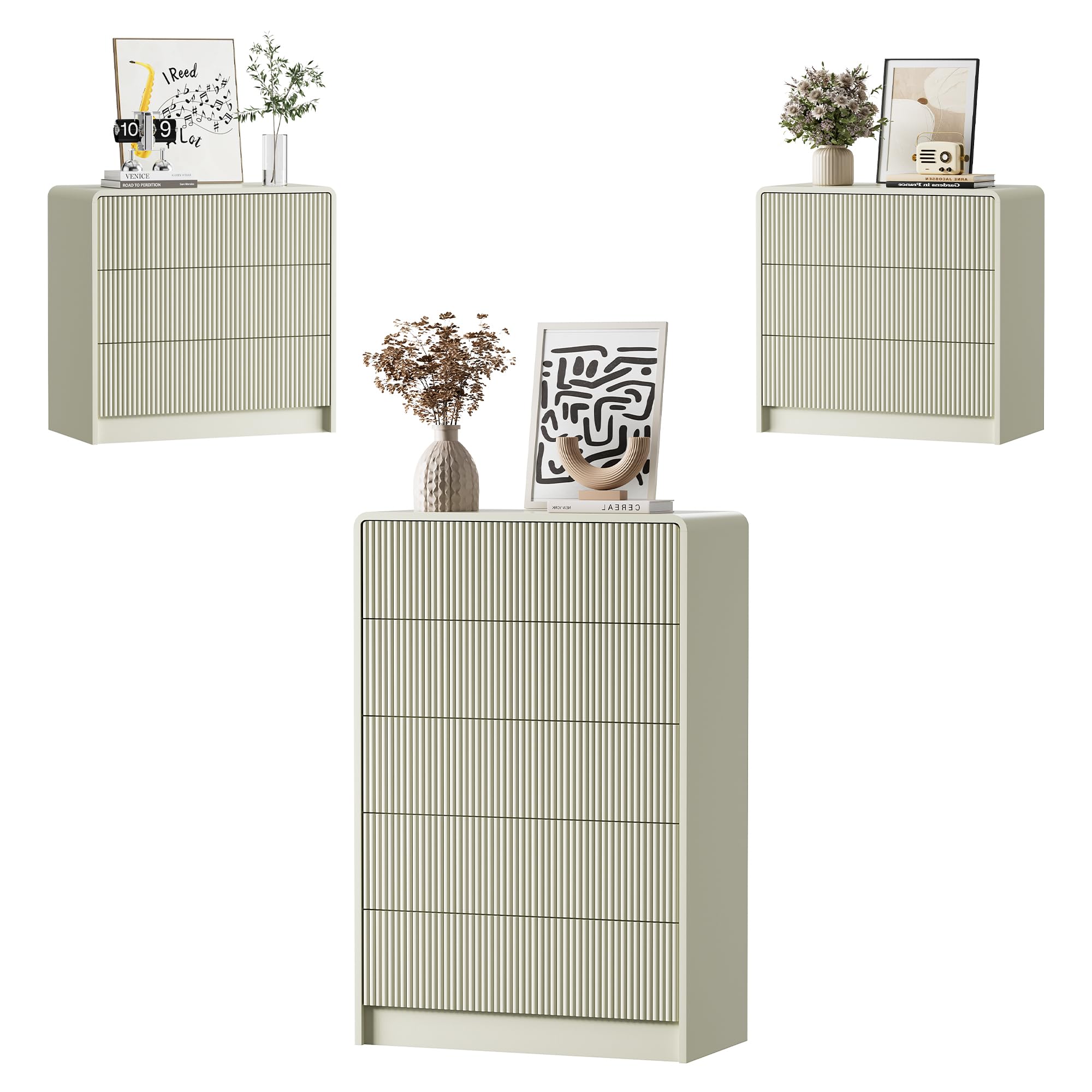 Furniway Bedroom Dresser Set 3 Piece, 5 Drawer Curved Dresser with 2 Nightstands, Modern Fluted Wood Storage Cabinet, White Chest of Drawers with Pop-Up Design, Beige