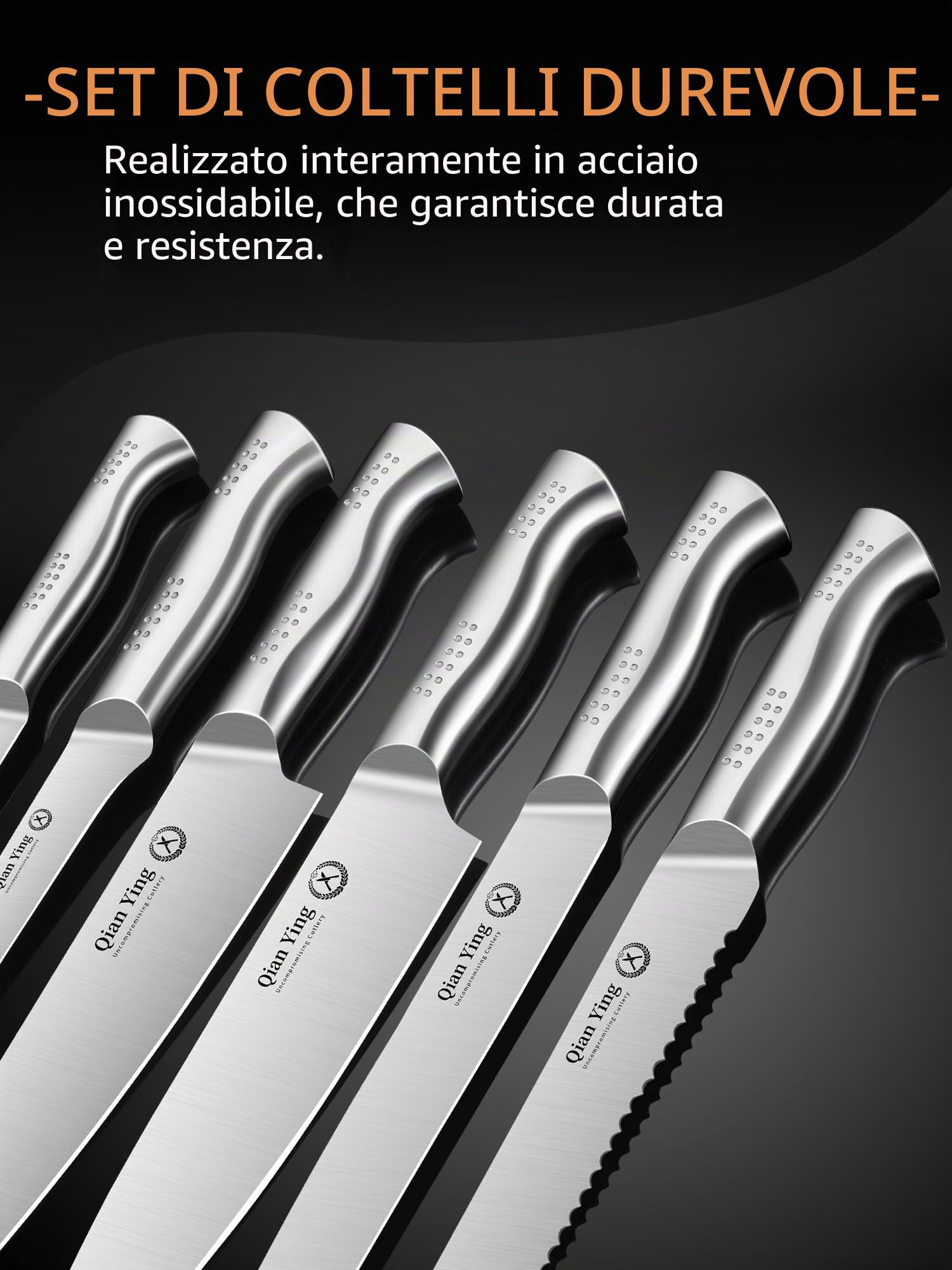Set di 14 Coltelli con Ceppo in Acciaio Inox con Affilacoltelli, Coltello da Chef Argentato Affilato, Regalo per la Mamma