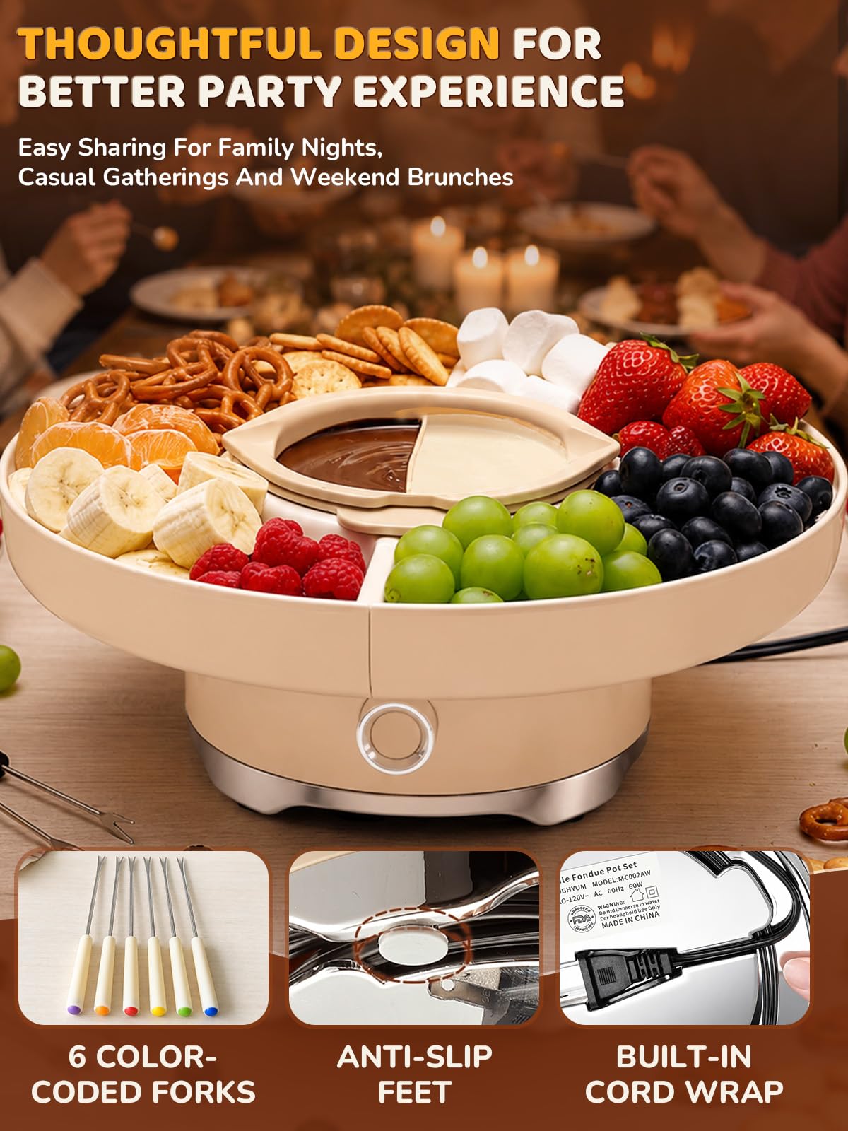 LUSHYUM Zestaw czekoladowych fondue, elektryczny ekspres do fondue, pojemność 4 filiżanek, 4 tacki, 5 widelców, 1 szpatułka, podgrzewacz sera, idealny prezent dla par, rodzin i