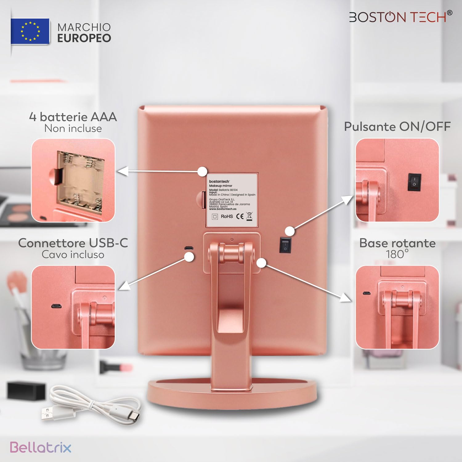 Boston Tech Specchio trucco con luce LED Bellatrix, ingrandimento 1x/2x/3x/10x, specchio pieghevole a 3 pannelli, rotazione 180°, touchscreen, doppia alimentazione e design elegante