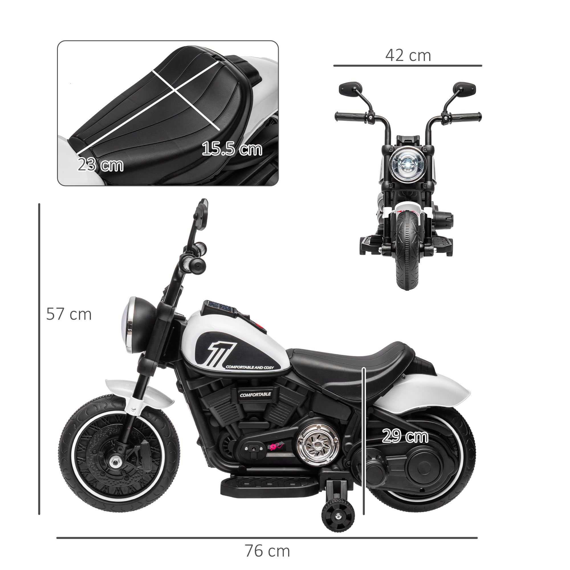 HOMCOM Moto Elettrica Bambini 18-36 Mesi 6V con Rotelle Supplementari, 3km/h Motorino Elettrico per Bambini, Motocicletta Bimbi con Fanale, Max. 25kg, Bianco e Nero