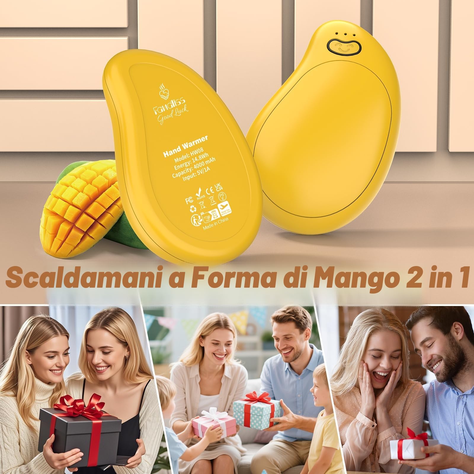 Scaldamani Elettrici 2 Pezzi con Batterie da 8000 mAh, Scaldamani Ricaricabile Tramite USB Tre Regolazioni Della Temperatura, Adatto Come Regalo di Natale Invernale All'aperto,Giallo