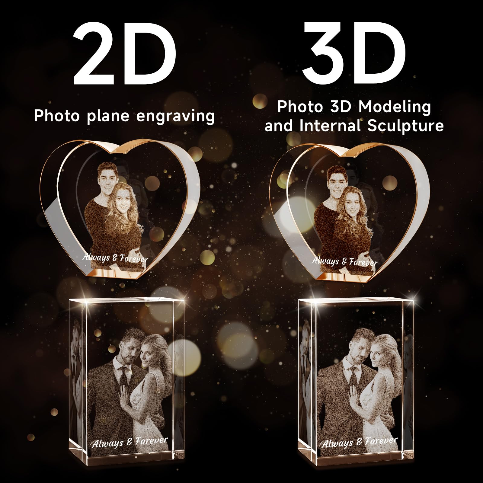 Photo gravée en cristal 3D personnalisée, cadeaux personnalisés avec gravure au laser, gravé à l'intérieur du cristal en utilisant votre photo cadeau commémoratif personnalisé pour femmes (Amour)