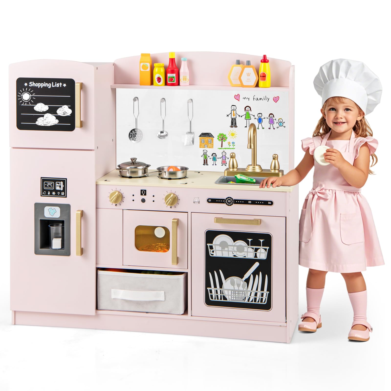 Maxmass Kids Toy Kitchen, Wooden Children Role Play Kitchen with Ice Maker, Sink, Blackboard, Dishwasher, Utensils, Toddler Pretend Kitchens Cooking Playset for 3+ Years Old (Pink)